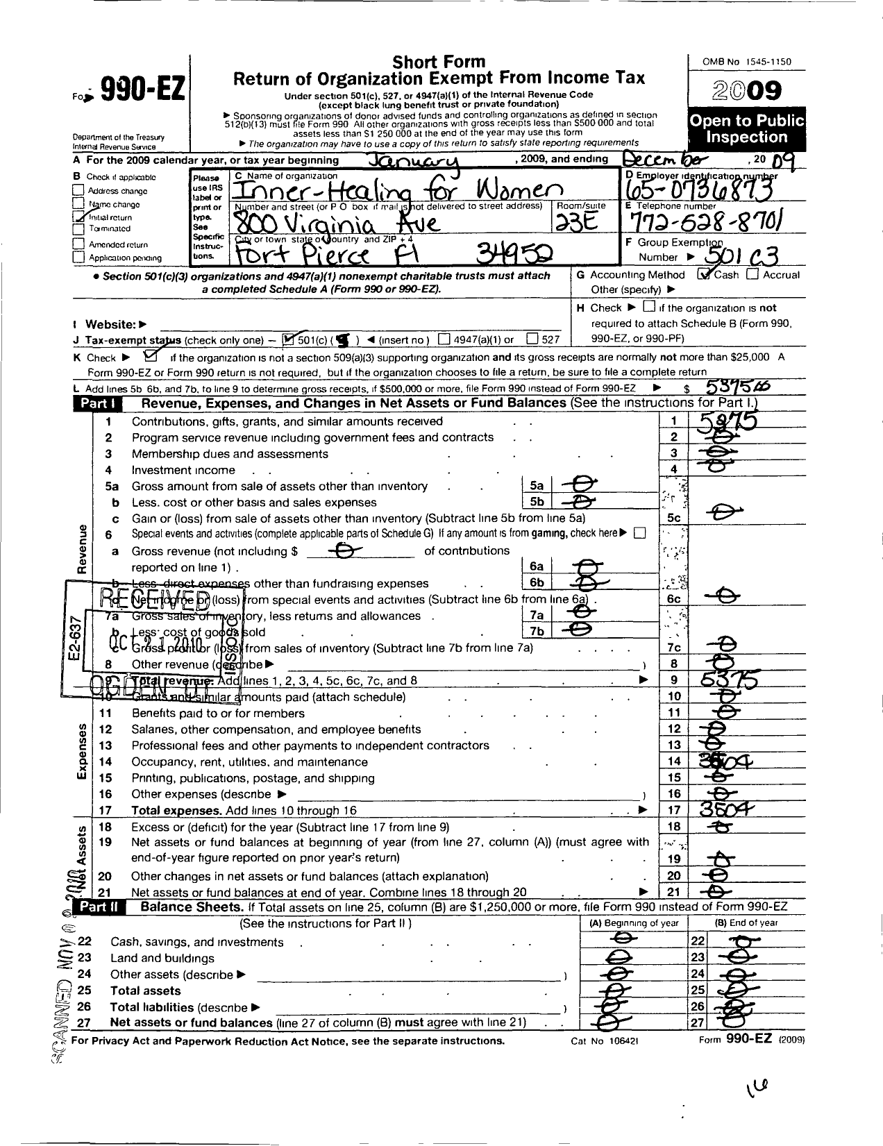 Image of first page of 2009 Form 990EO for Inner Healing for Women