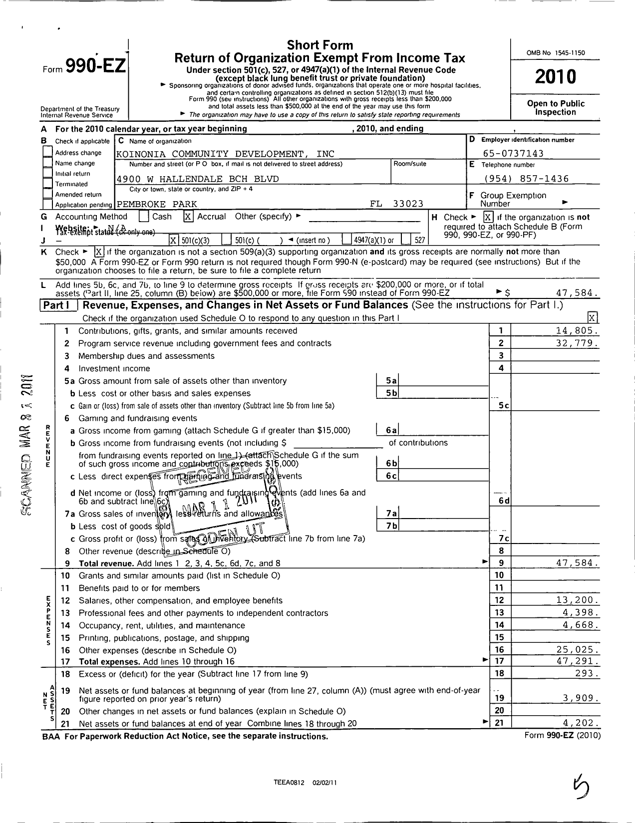 Image of first page of 2010 Form 990EZ for Koinonia Community Development