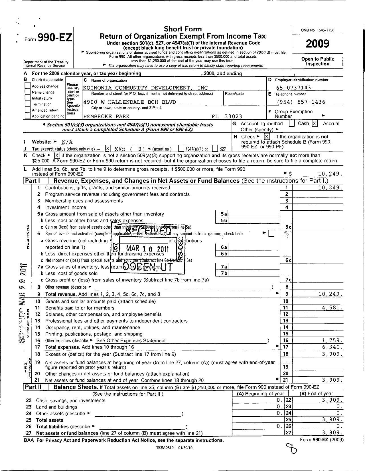 Image of first page of 2009 Form 990EZ for Koinonia Community Development