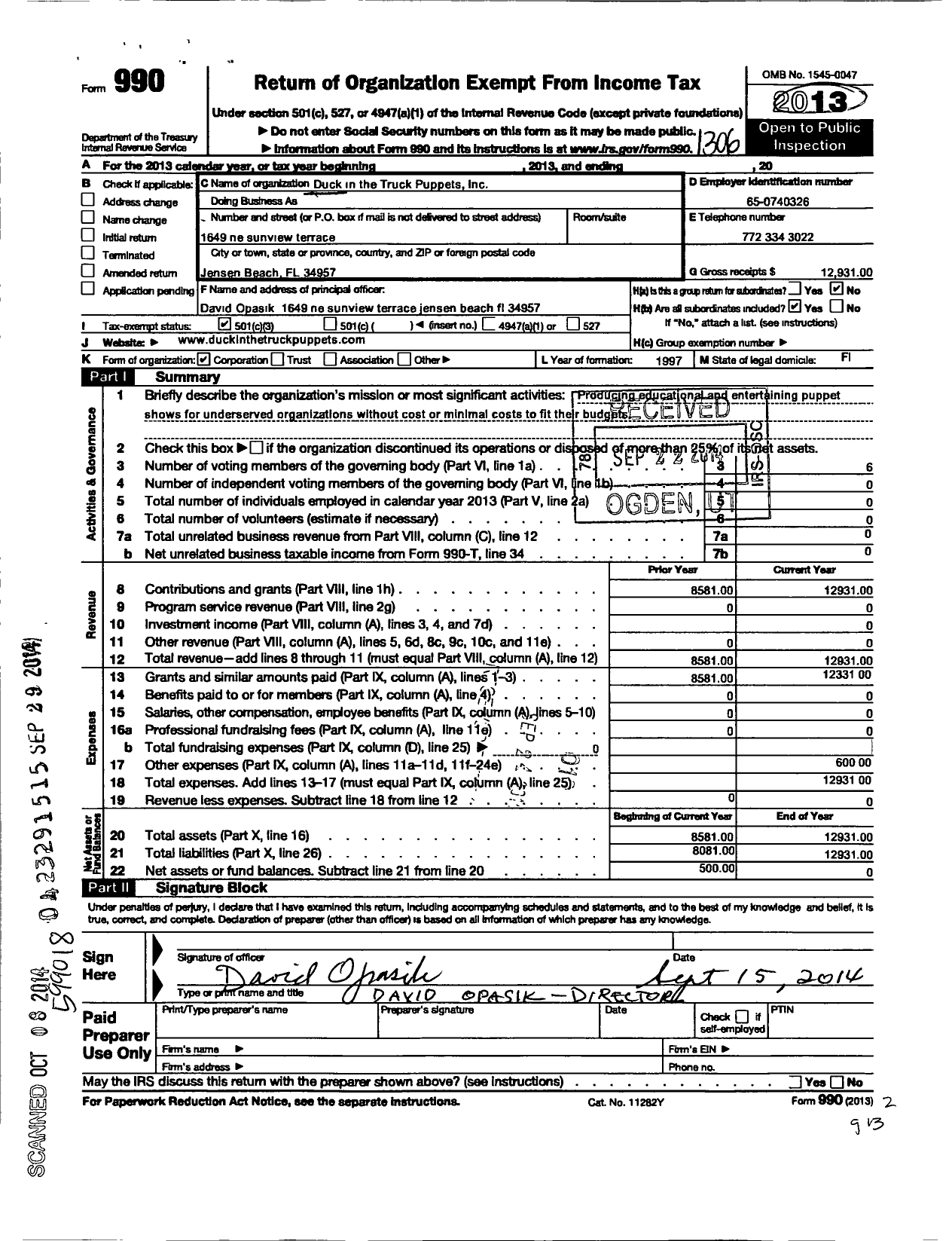 Image of first page of 2012 Form 990 for Duck in the Truck Puppets