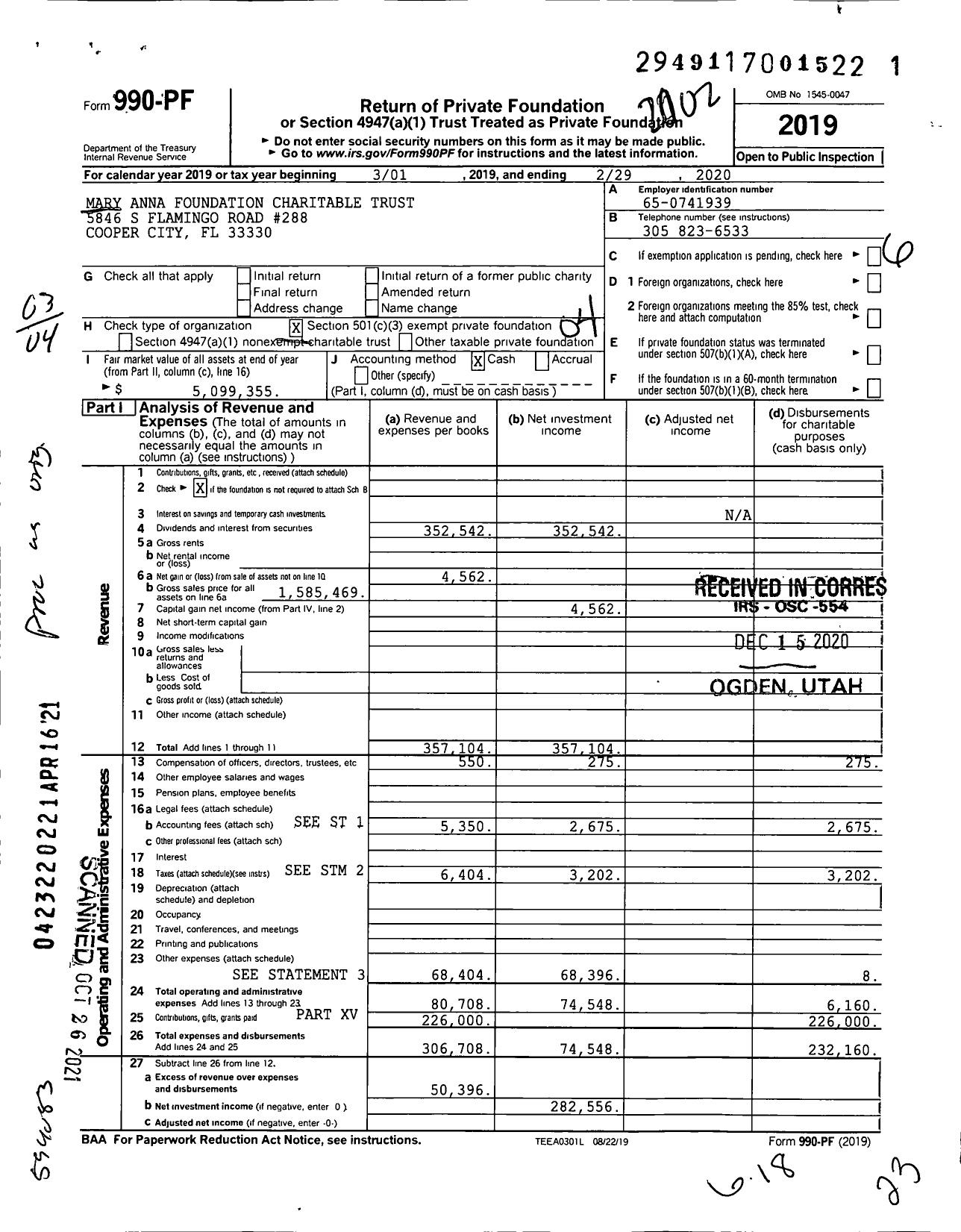 Image of first page of 2019 Form 990PF for Mary Anna Foundation Charitable Trust