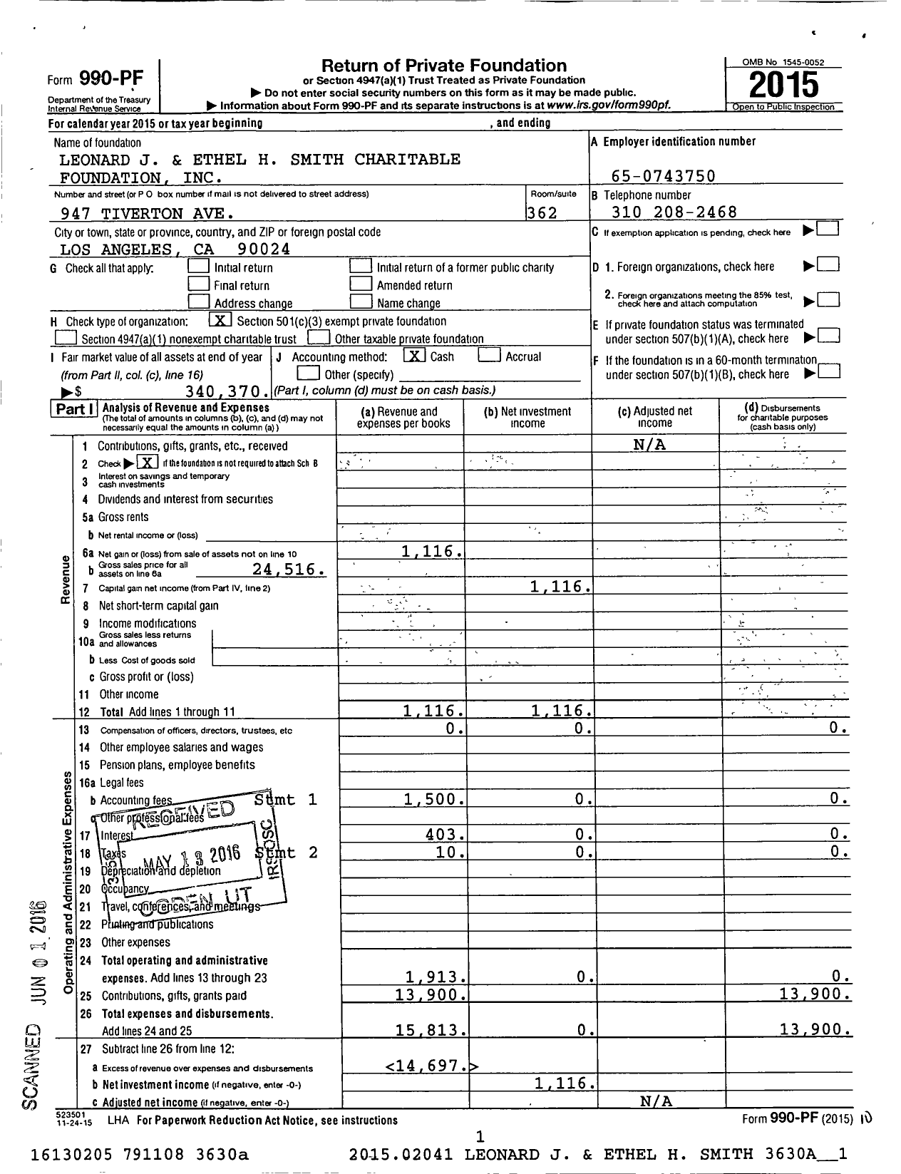 Image of first page of 2015 Form 990PF for Leonard J and Ethel H Smith Charitable Foundation