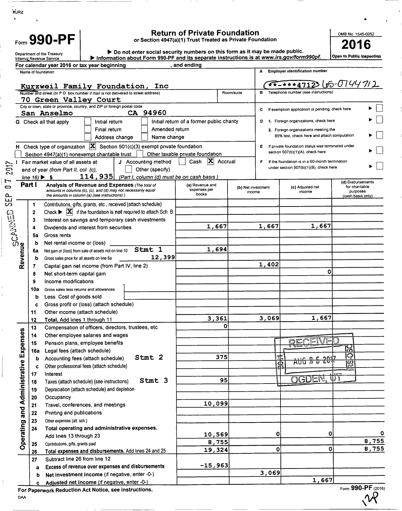 Image of first page of 2016 Form 990PF for Kurzweil Family Foundation