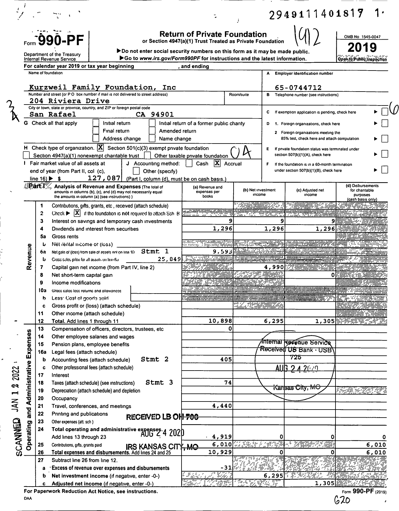 Image of first page of 2019 Form 990PF for Kurzweil Family Foundation