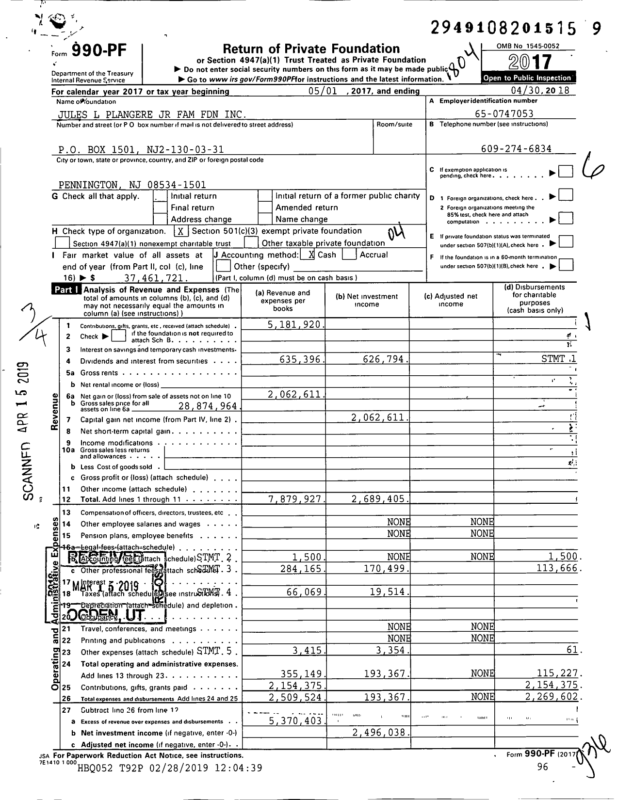 Image of first page of 2017 Form 990PF for Plangere Foundation