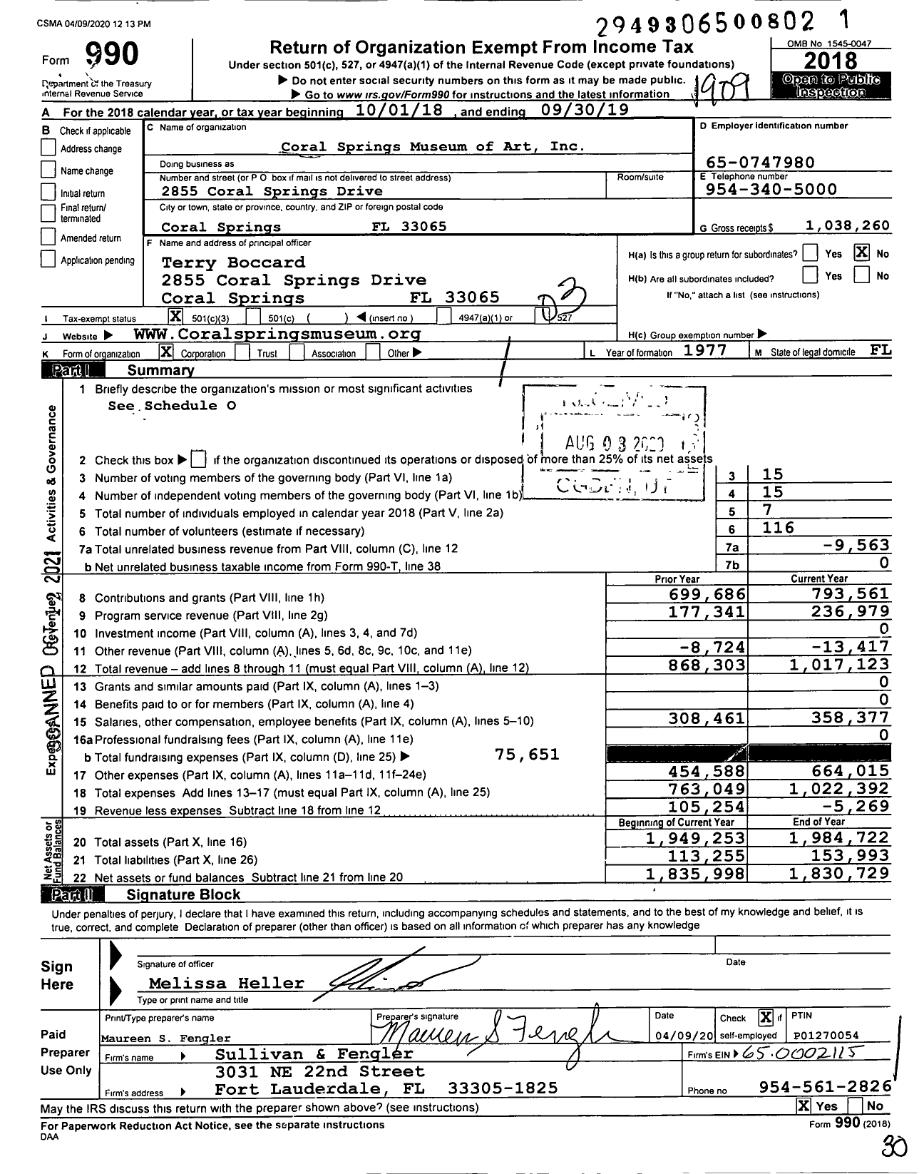 Image of first page of 2018 Form 990 for Coral Springs Museum of Art