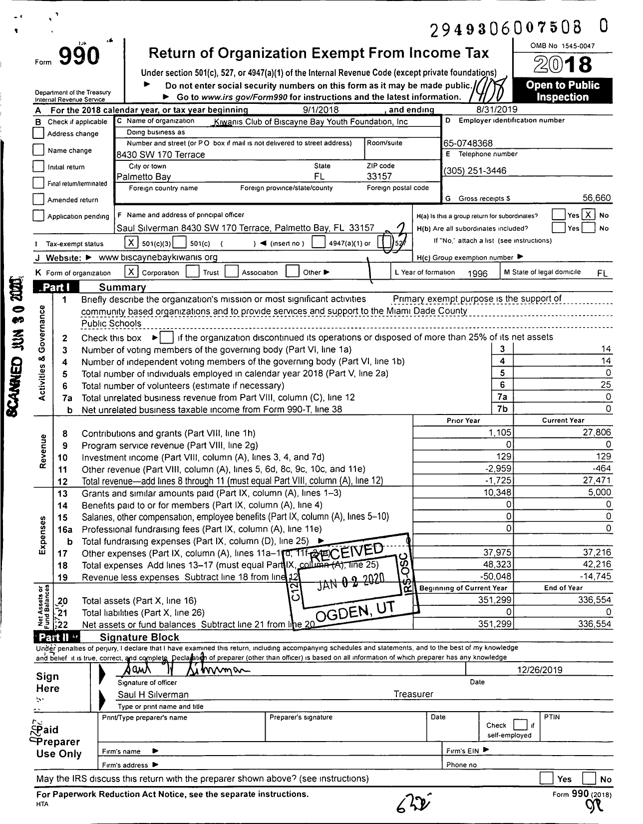 Image of first page of 2018 Form 990 for Kiwanis Club of Biscayne Bay Youth Foundation