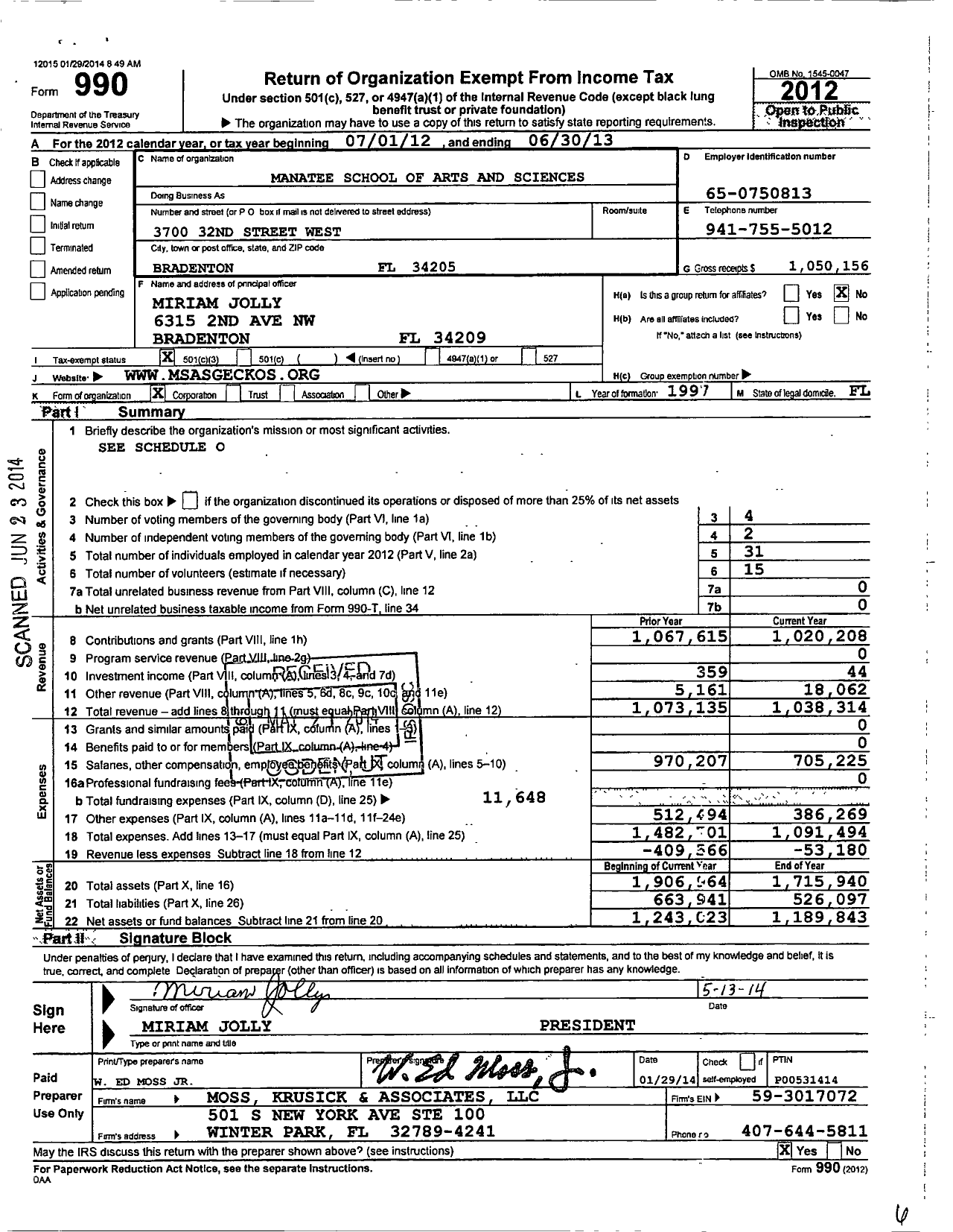 Image of first page of 2012 Form 990 for Manatee School of Arts and Sciences