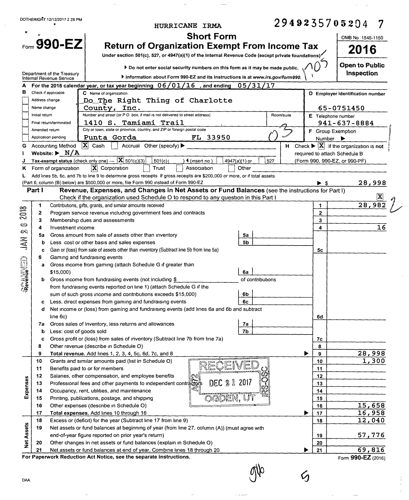 Image of first page of 2016 Form 990EZ for Do the Right Thing of Charlotte County