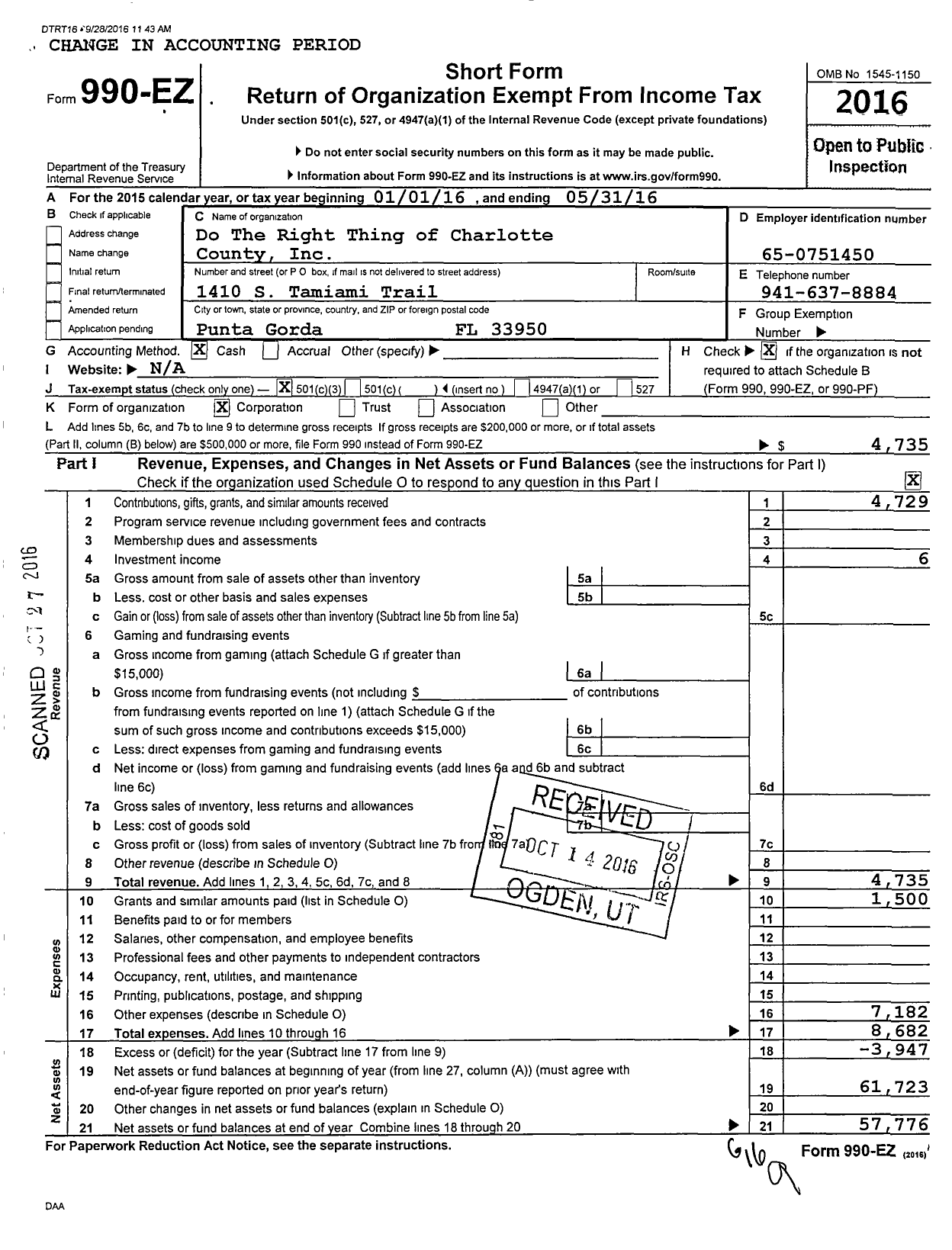 Image of first page of 2015 Form 990EZ for Do the Right Thing of Charlotte County