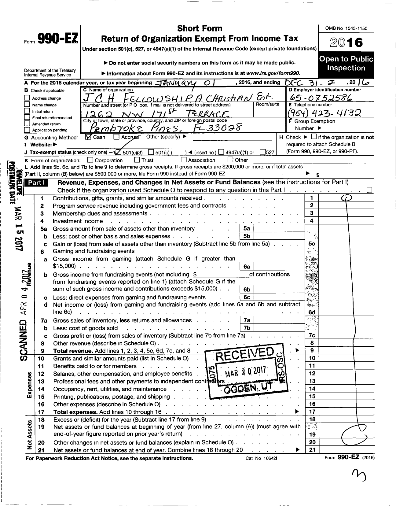 Image of first page of 2016 Form 990EZ for J C H Fellowship Club A Christian Entertainment