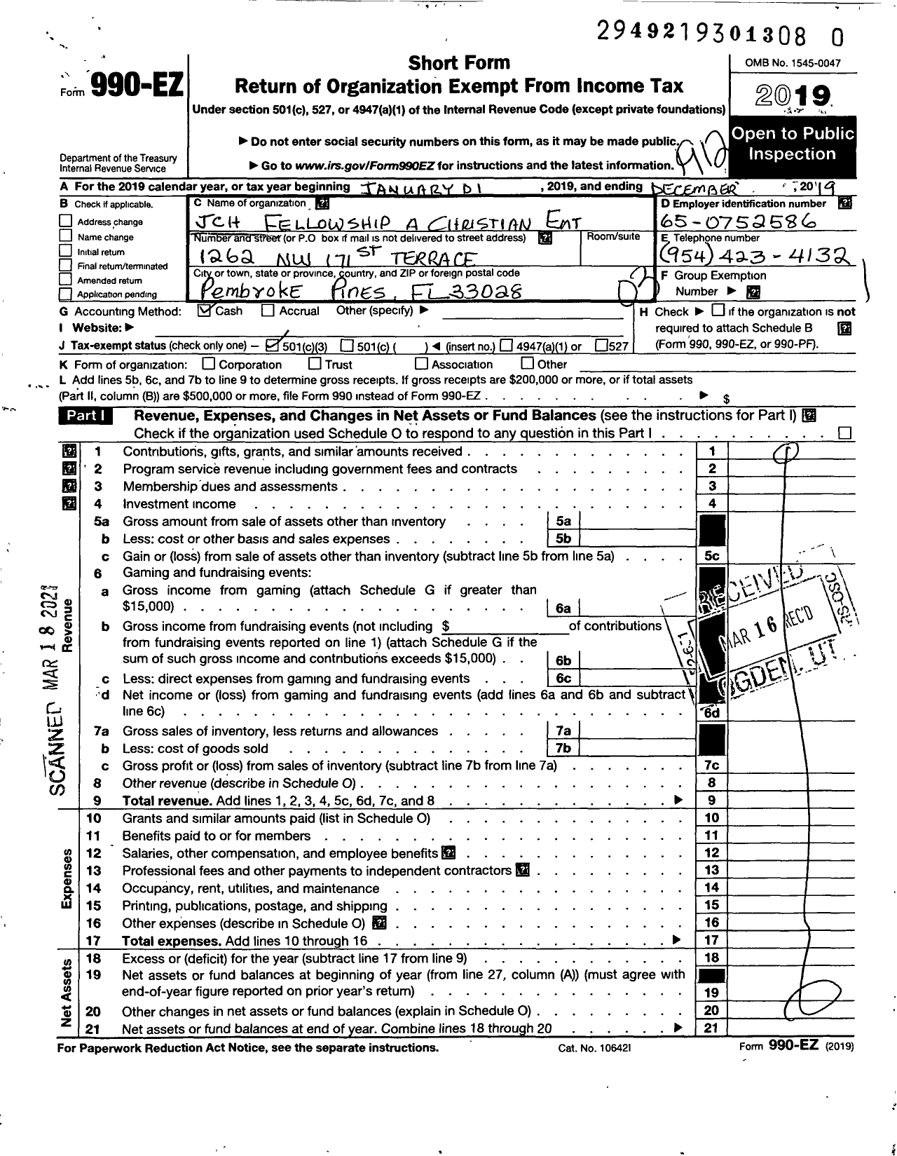 Image of first page of 2019 Form 990EZ for J C H Fellowship Club A Christian Entertainment