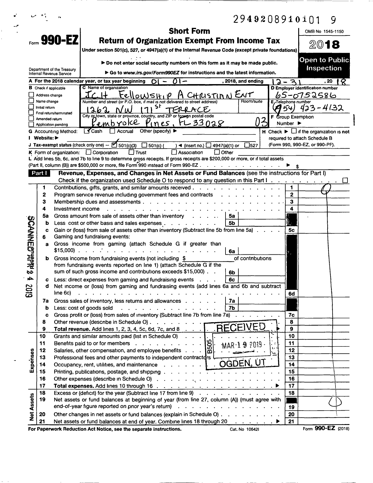 Image of first page of 2018 Form 990EZ for J C H Fellowship Club A Christian Entertainment