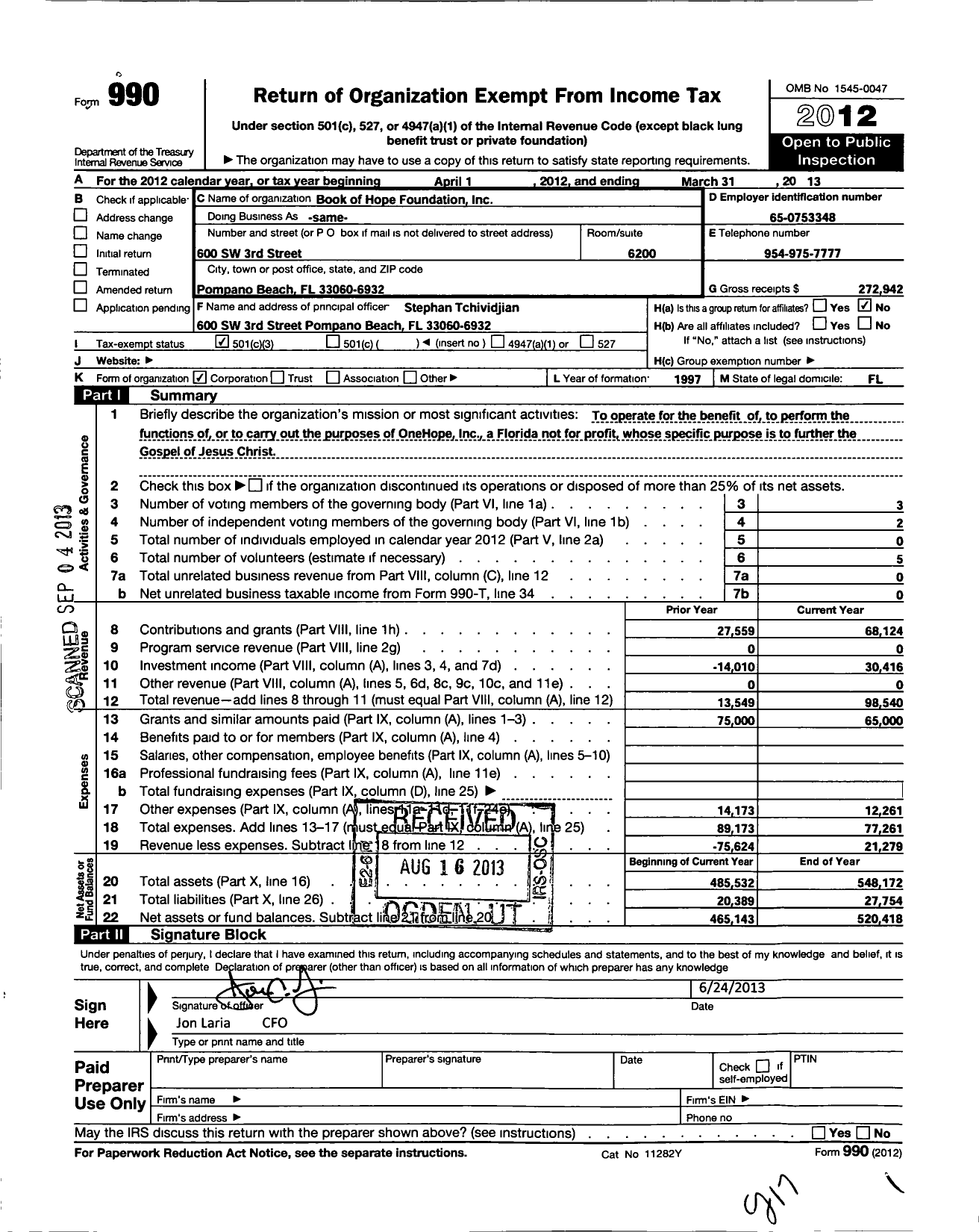 Image of first page of 2012 Form 990 for Book of Hope Foundation