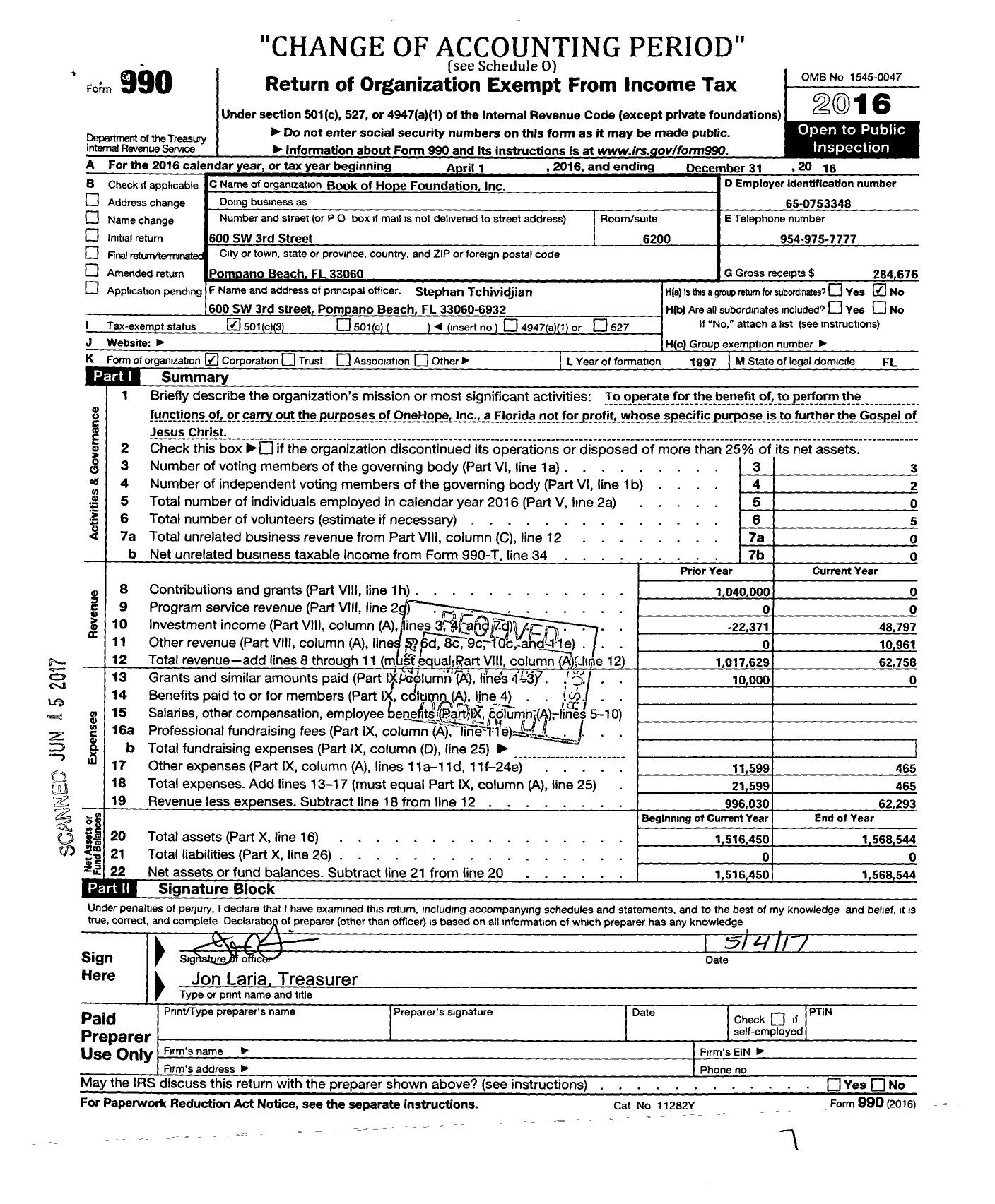 Image of first page of 2016 Form 990 for Book of Hope Foundation