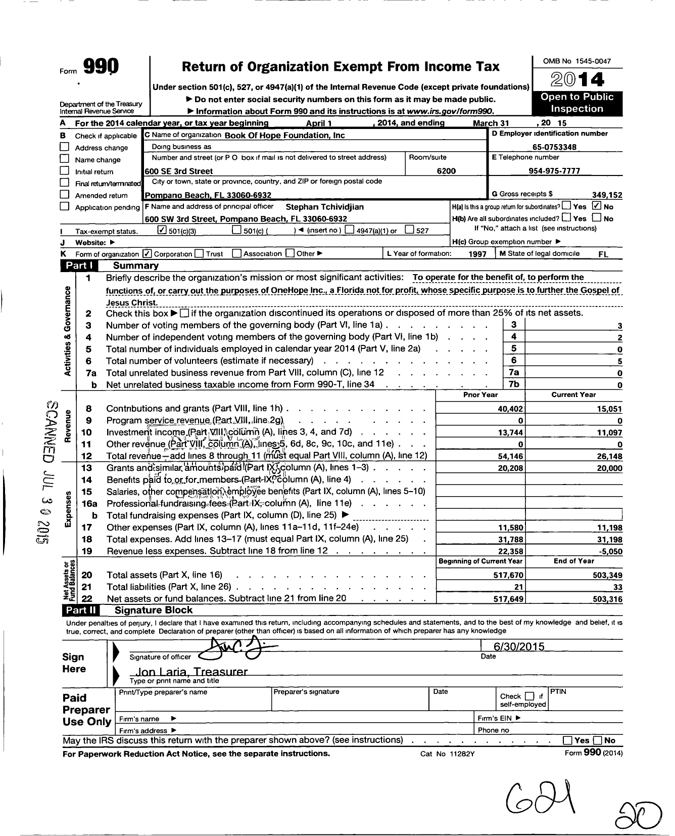 Image of first page of 2014 Form 990 for Book of Hope Foundation