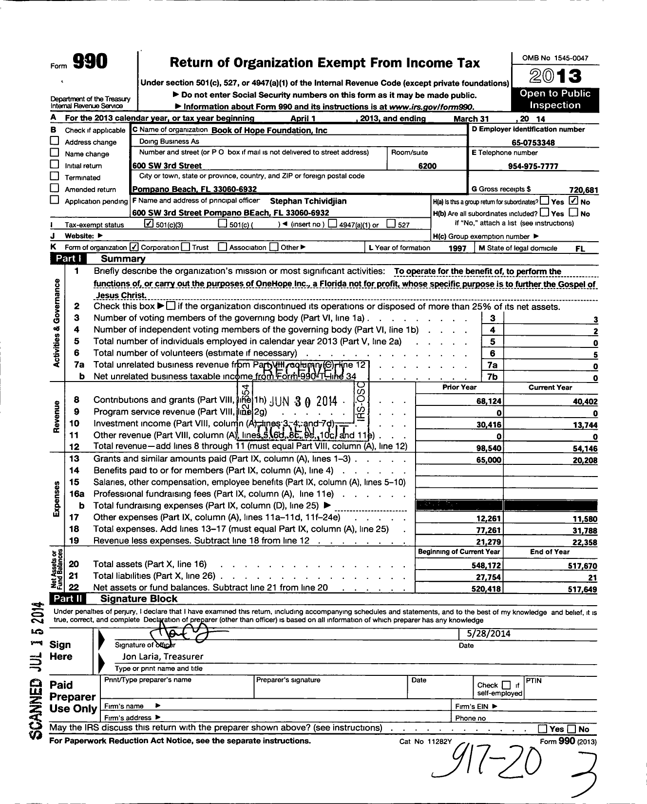 Image of first page of 2013 Form 990 for Book of Hope Foundation