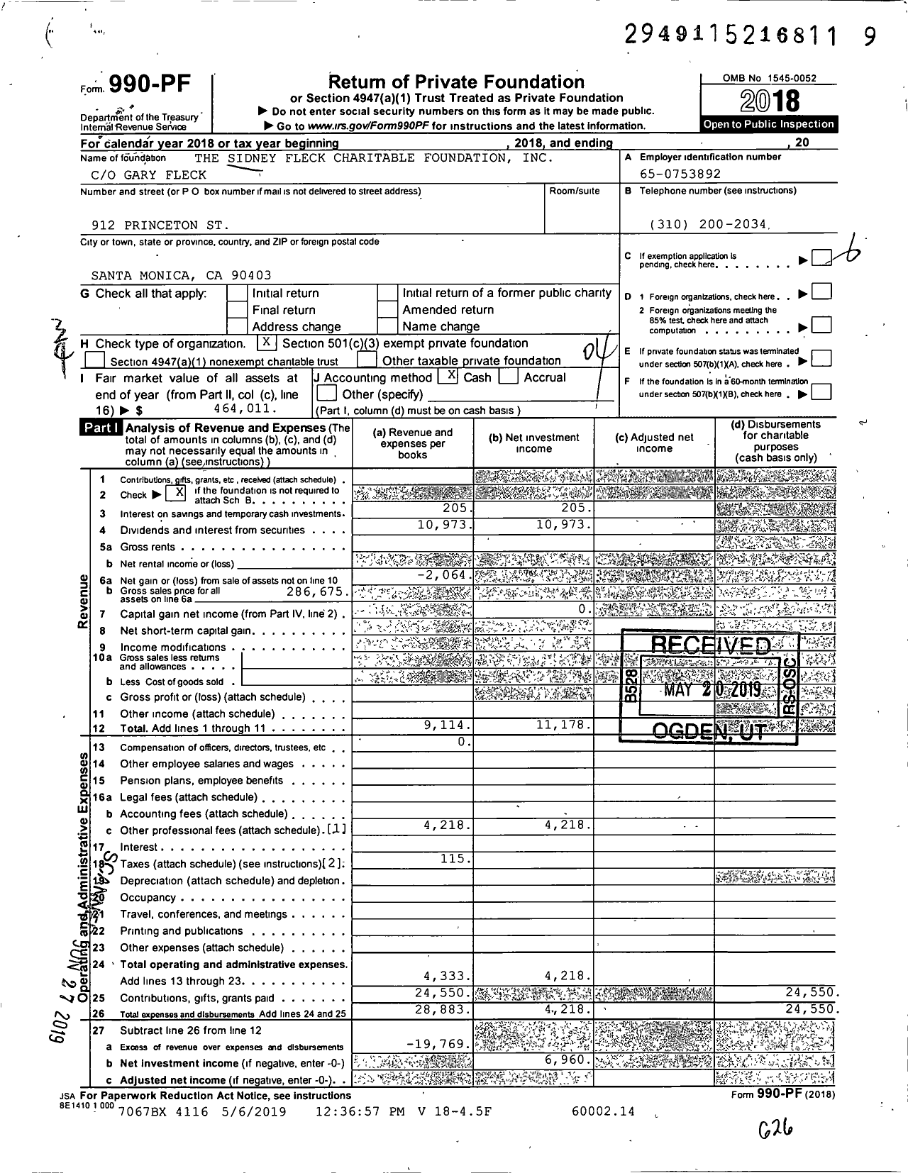 Image of first page of 2018 Form 990PF for The Sidney Fleck Charitable Foundation