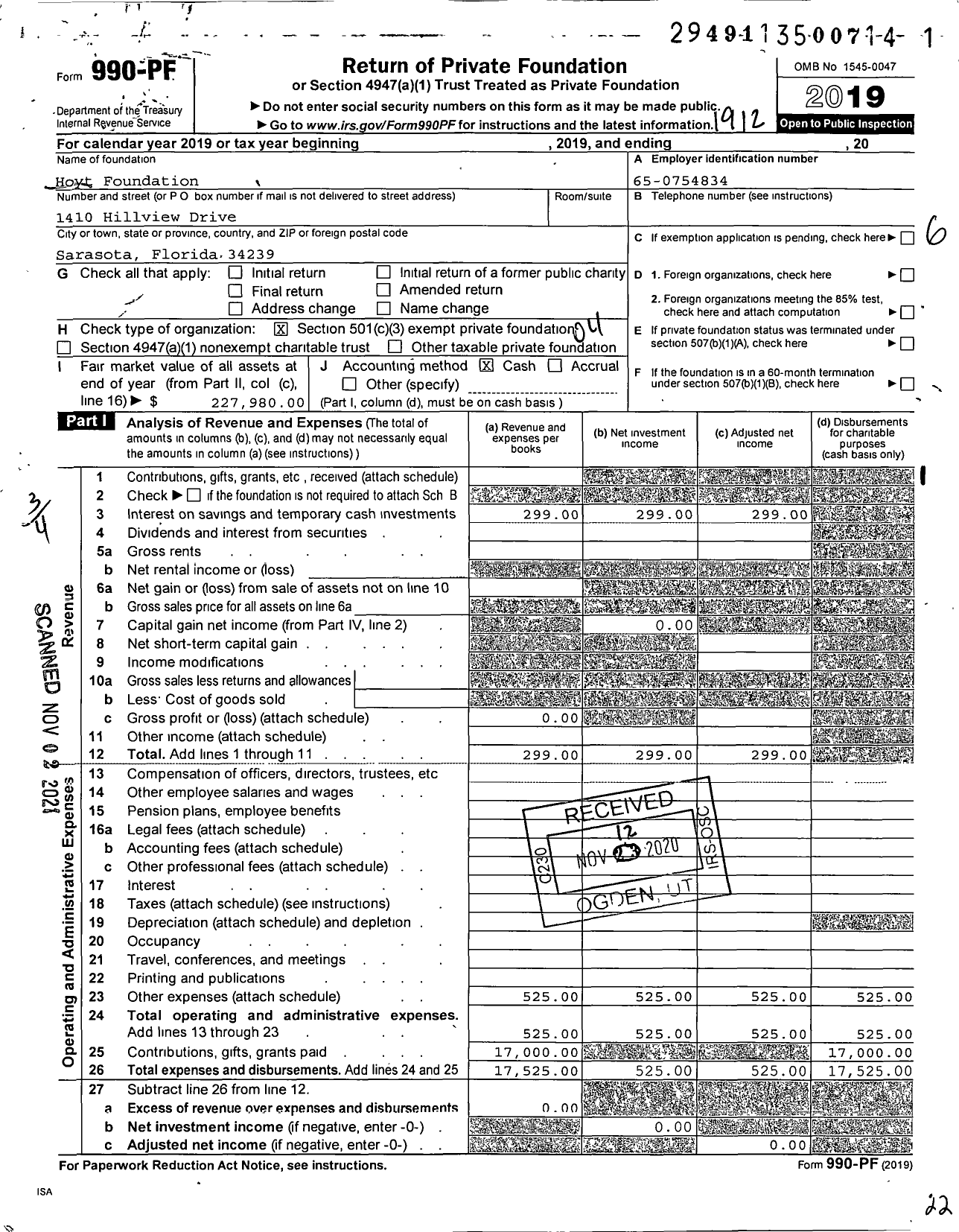 Image of first page of 2019 Form 990PF for James and Brenda Hoyt Foundation