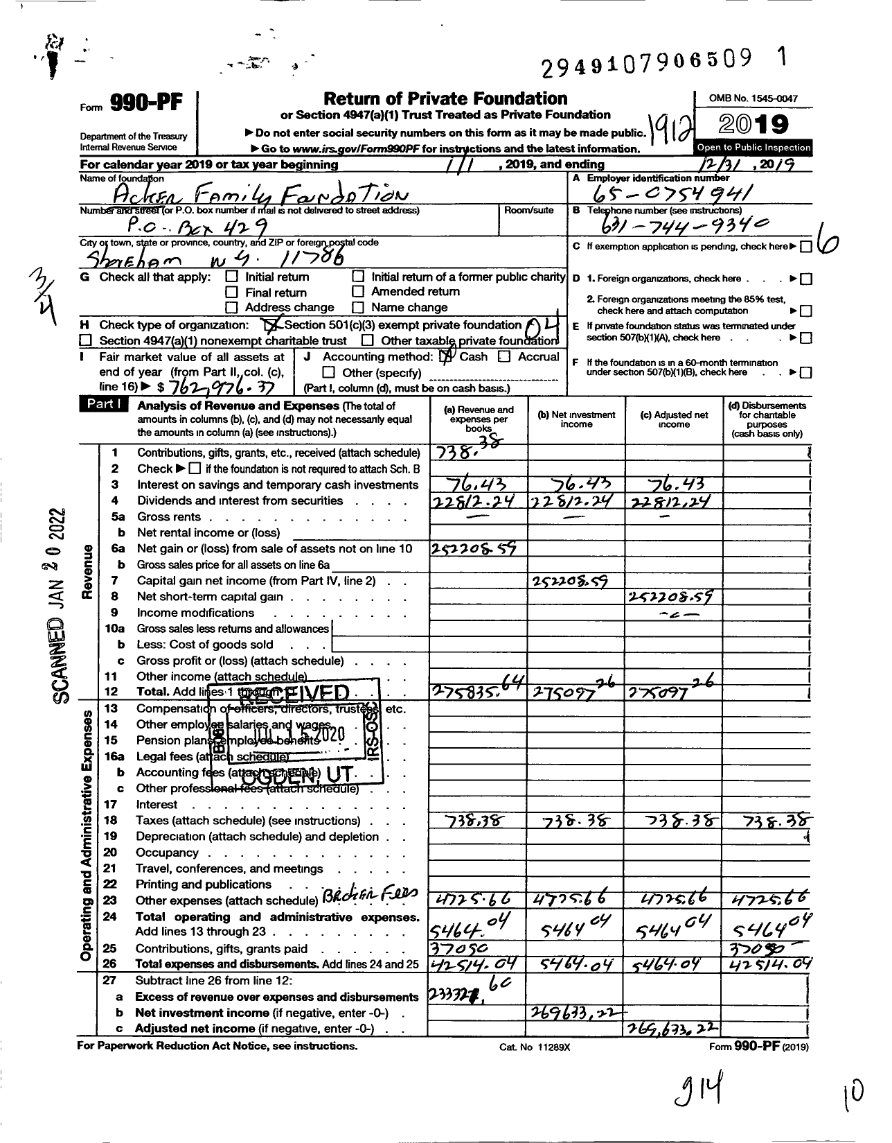 Image of first page of 2019 Form 990PF for Acker Family Foundation