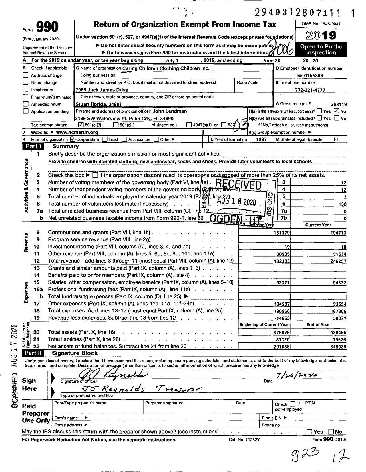 Image of first page of 2019 Form 990 for Caring Children Clothing Children