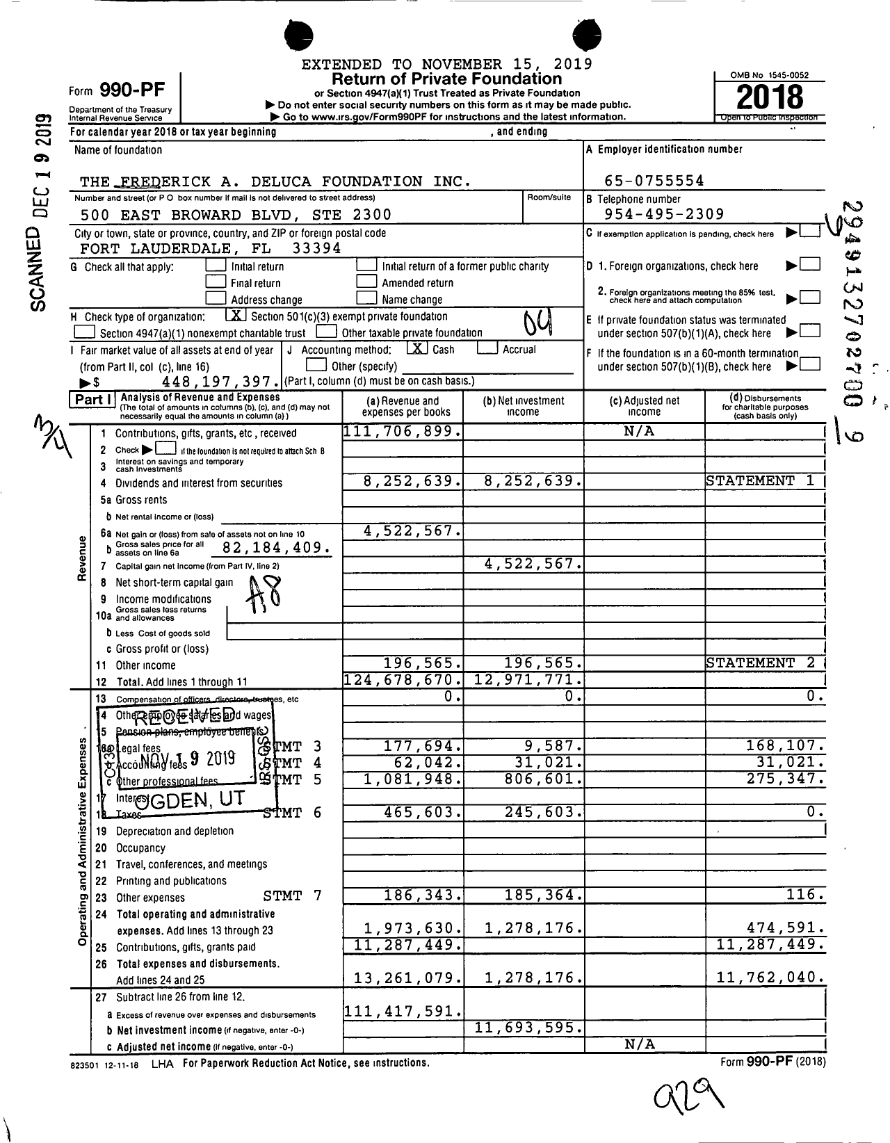 Image of first page of 2018 Form 990PF for The Frederick A Deluca Foundation