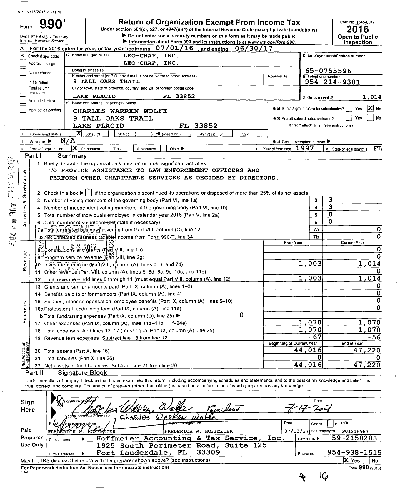 Image of first page of 2016 Form 990 for Leo-Chap