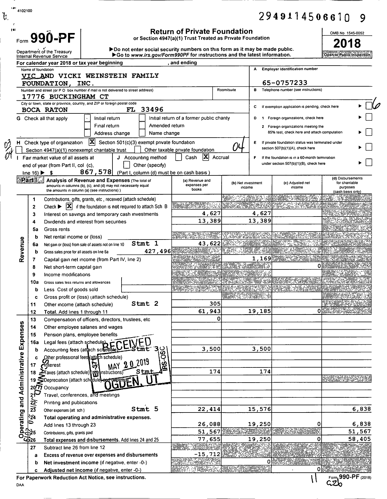 Image of first page of 2018 Form 990PF for Vic and Vicki Weinstein Family Foundation