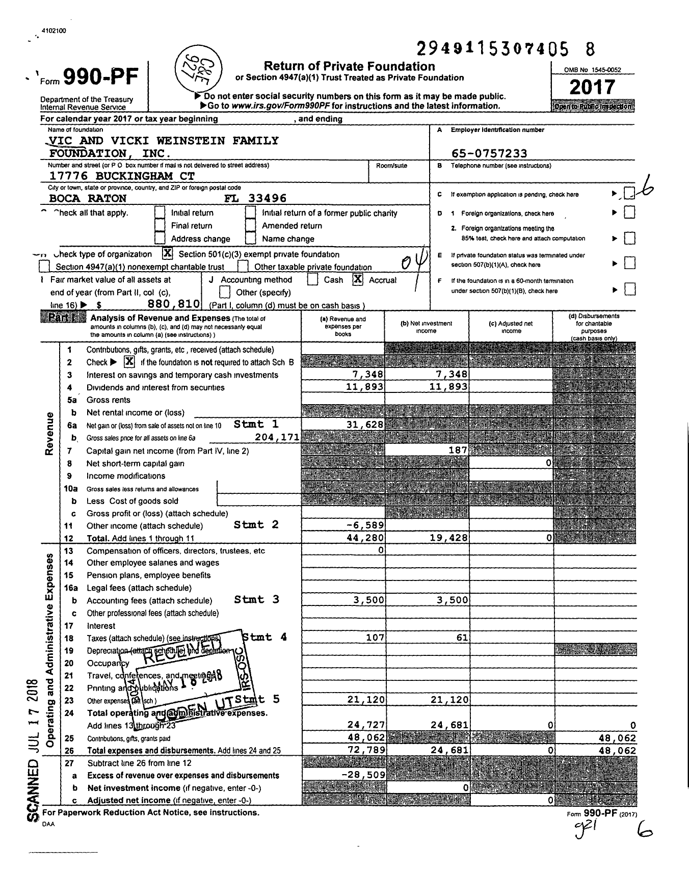 Image of first page of 2017 Form 990PF for Vic and Vicki Weinstein Family Foundation