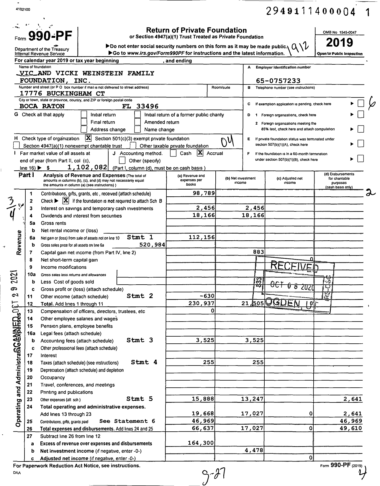 Image of first page of 2019 Form 990PF for Vic and Vicki Weinstein Family Foundation