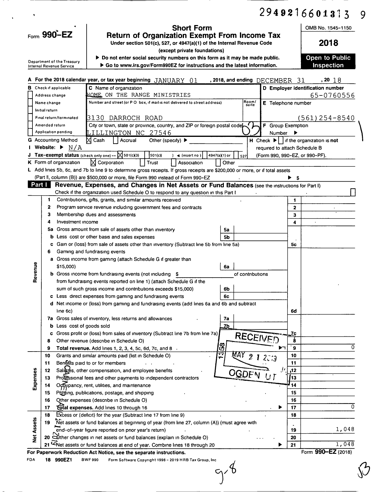 Image of first page of 2018 Form 990EZ for Home on the Range Ministries International