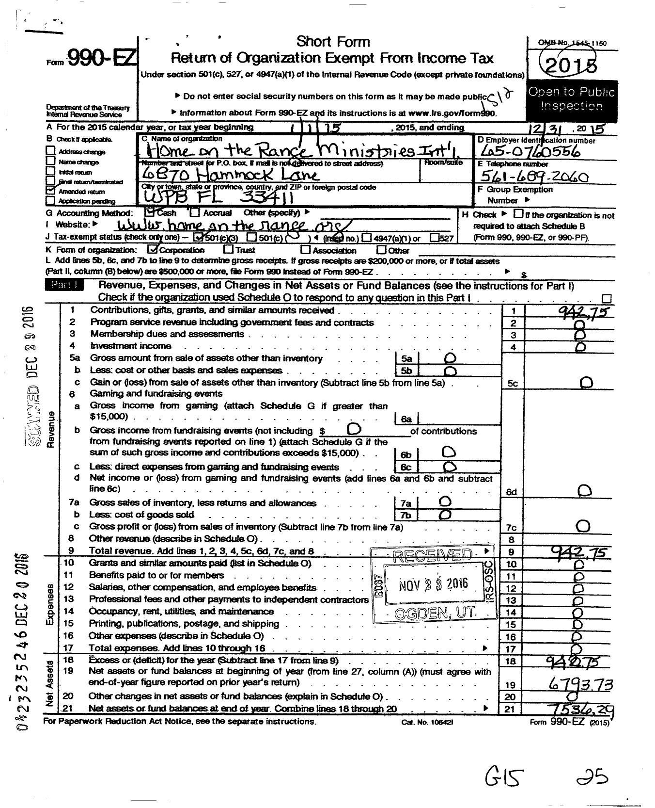 Image of first page of 2015 Form 990EZ for Home on the Range Ministries International