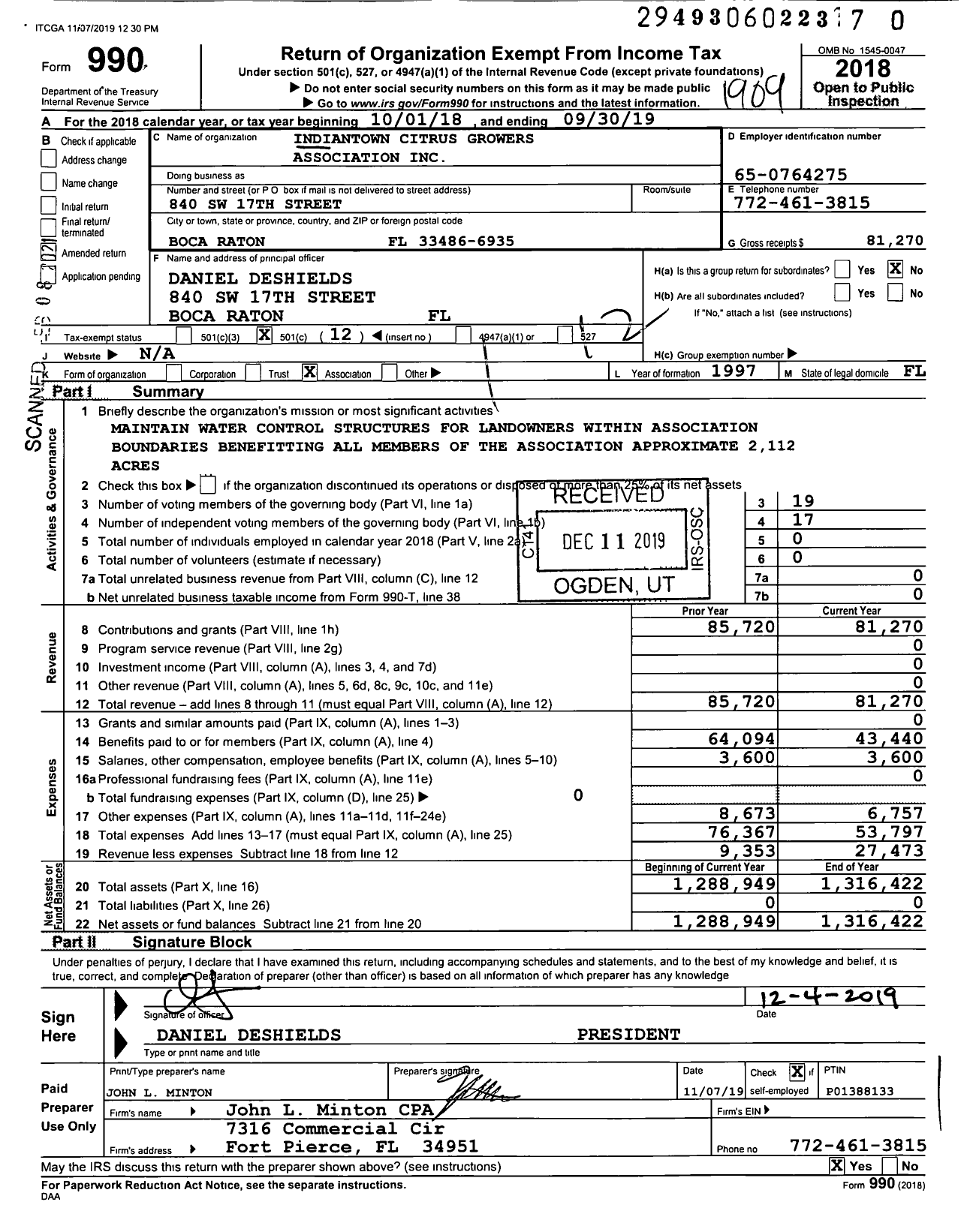 Image of first page of 2018 Form 990O for Indiantown Citrus Growers Association