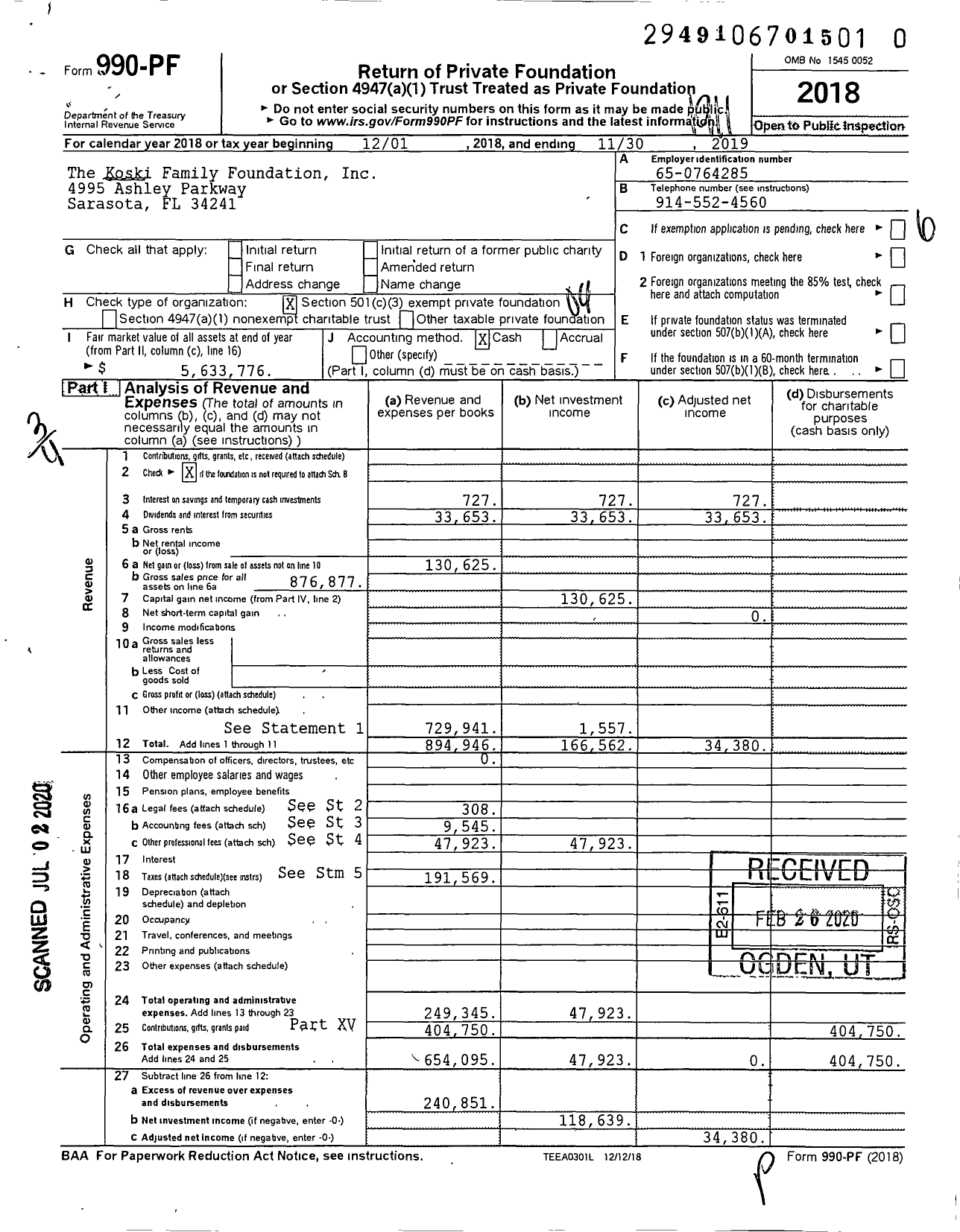 Image of first page of 2018 Form 990PR for The Koski Family Foundation