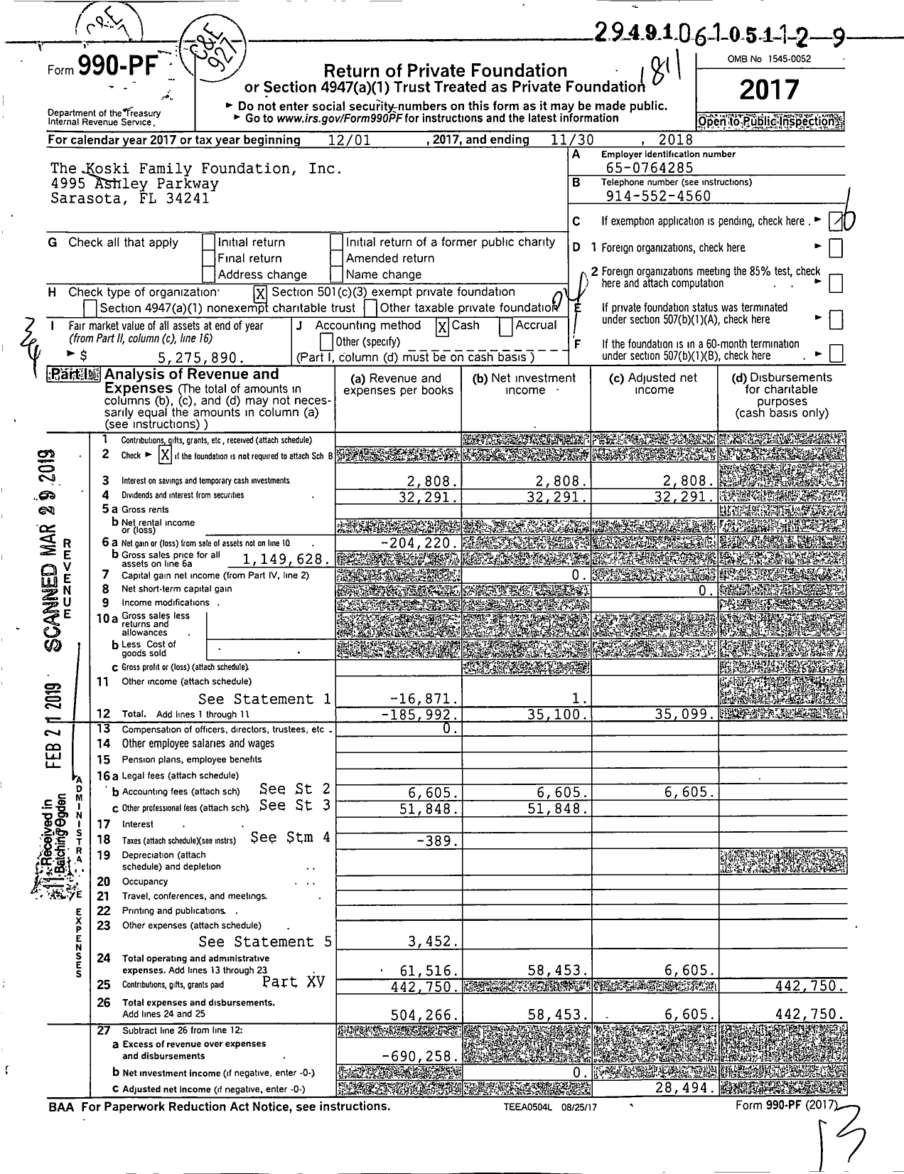 Image of first page of 2017 Form 990PF for The Koski Family Foundation