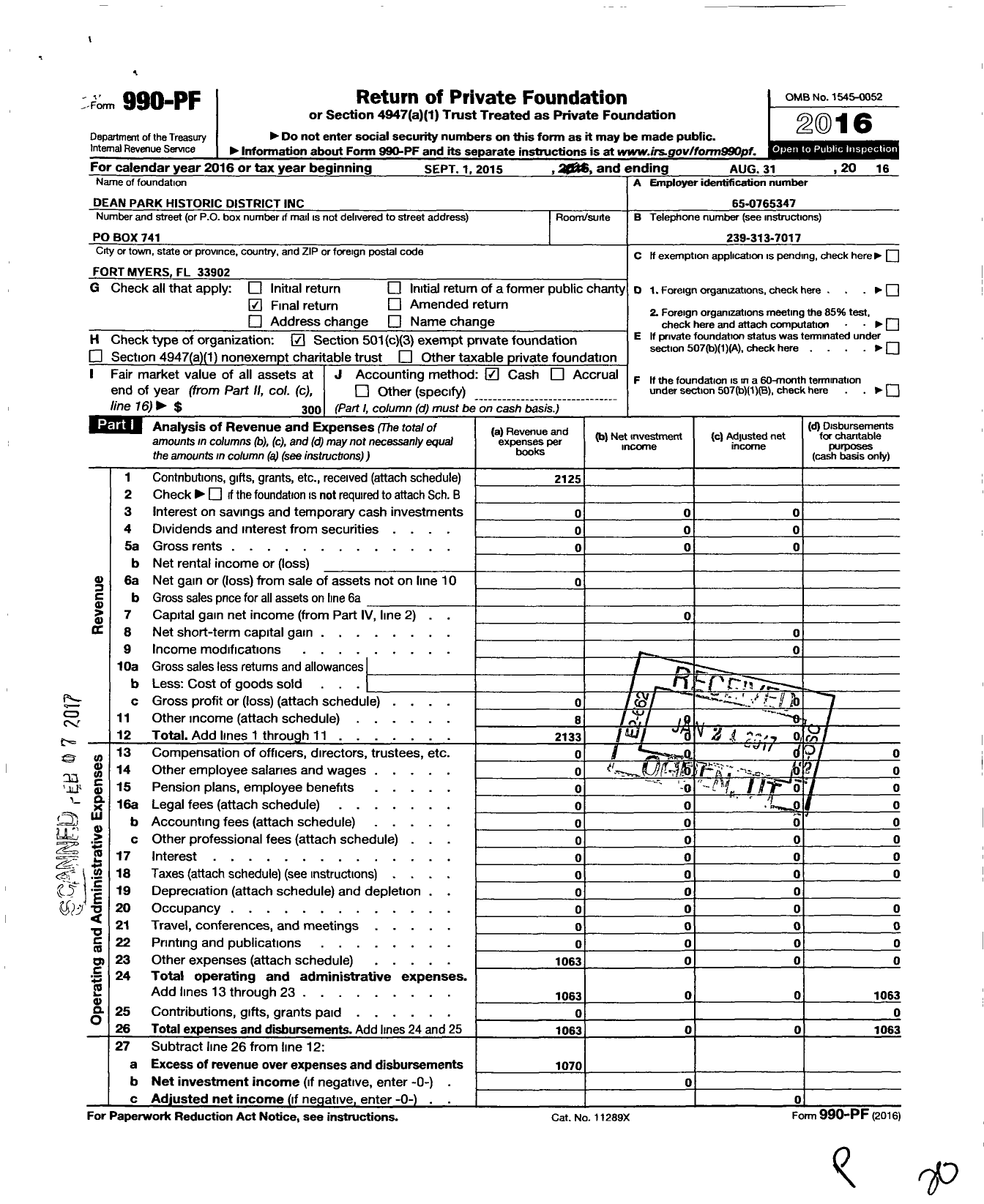 Image of first page of 2015 Form 990PF for Dean Park Historic District