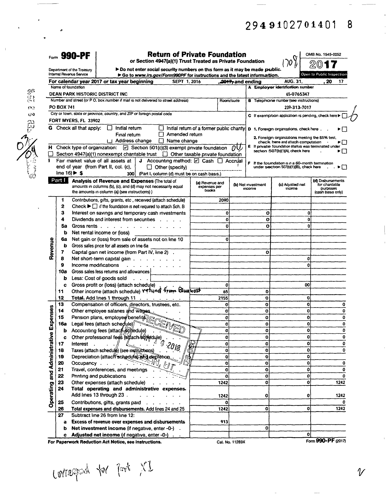 Image of first page of 2016 Form 990PF for Dean Park Historic District