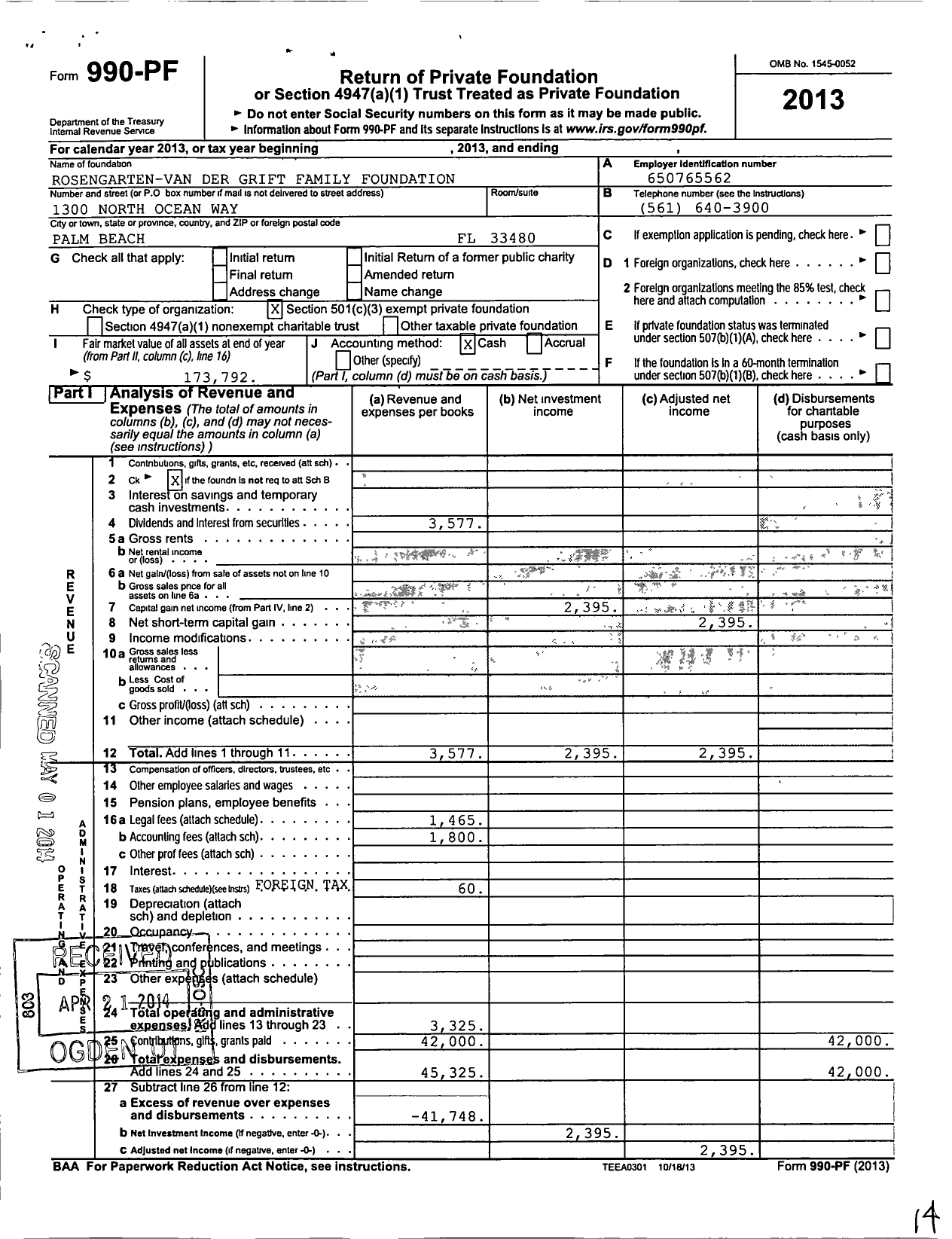 Image of first page of 2013 Form 990PF for Rosengarten-Van Der Grift Family Foundation