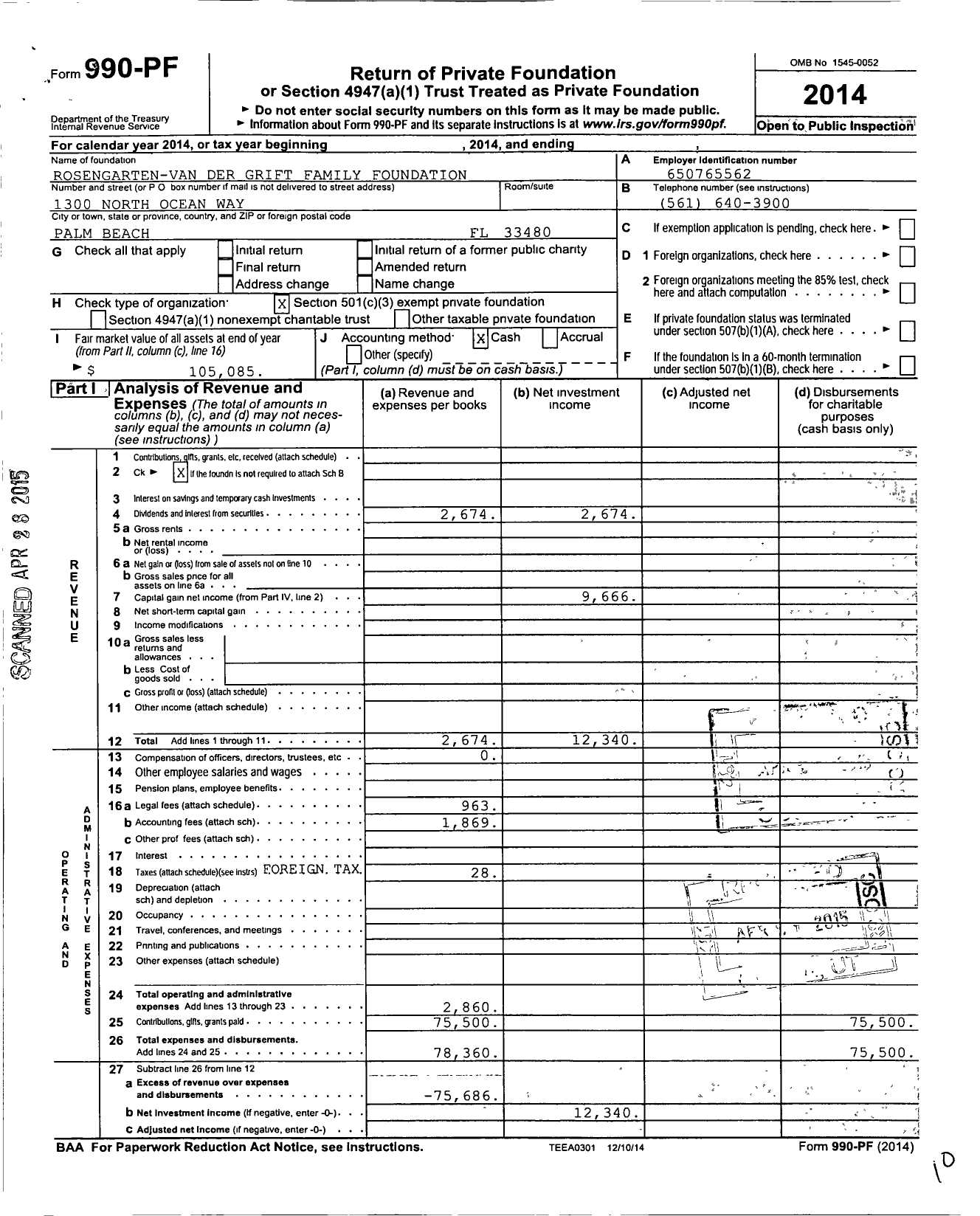 Image of first page of 2014 Form 990PF for Rosengarten-Van Der Grift Family Foundation