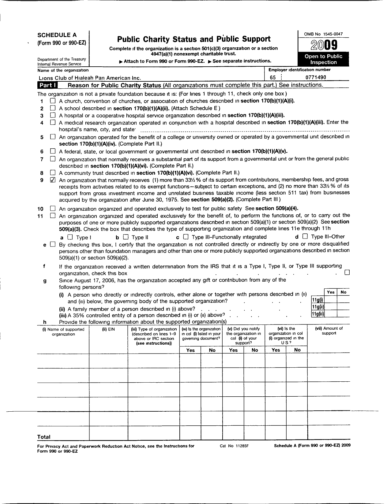 Image of first page of 2009 Form 990ER for Lion Club of Hialeah Pan America