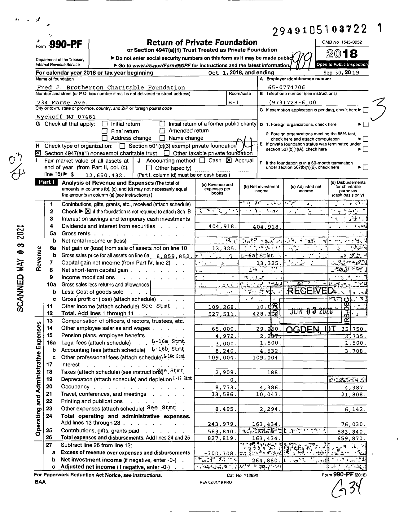 Image of first page of 2018 Form 990PF for Fred J Brotherton Charitable Foundation