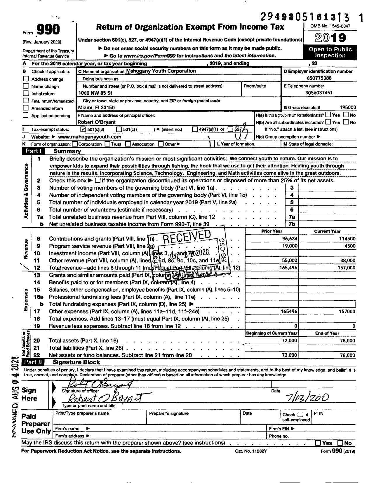 Image of first page of 2019 Form 990 for Mahogany Youth Corporation