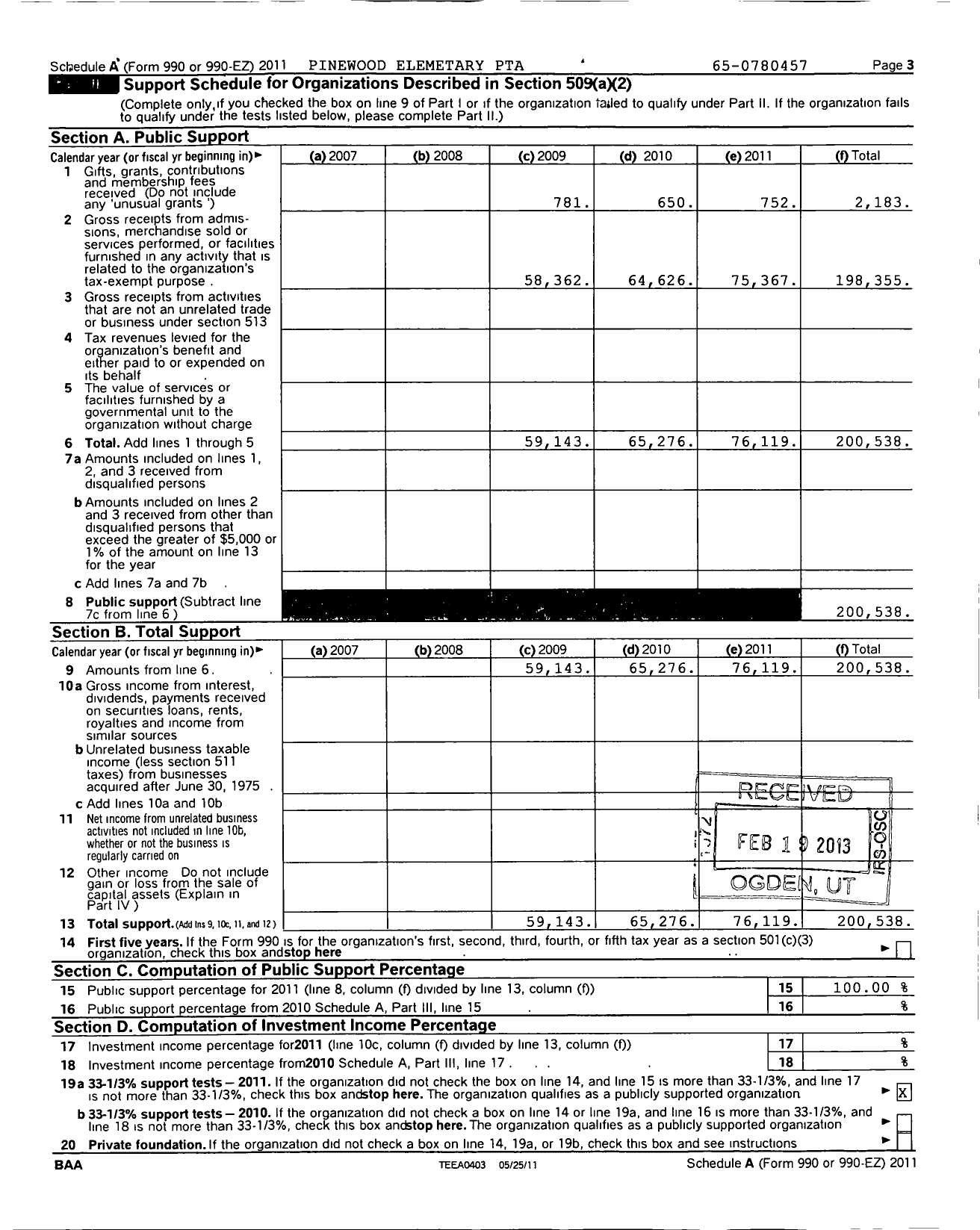 Image of first page of 2011 Form 990ER for PTA Florida Congress - Pinewood Elementary PTA