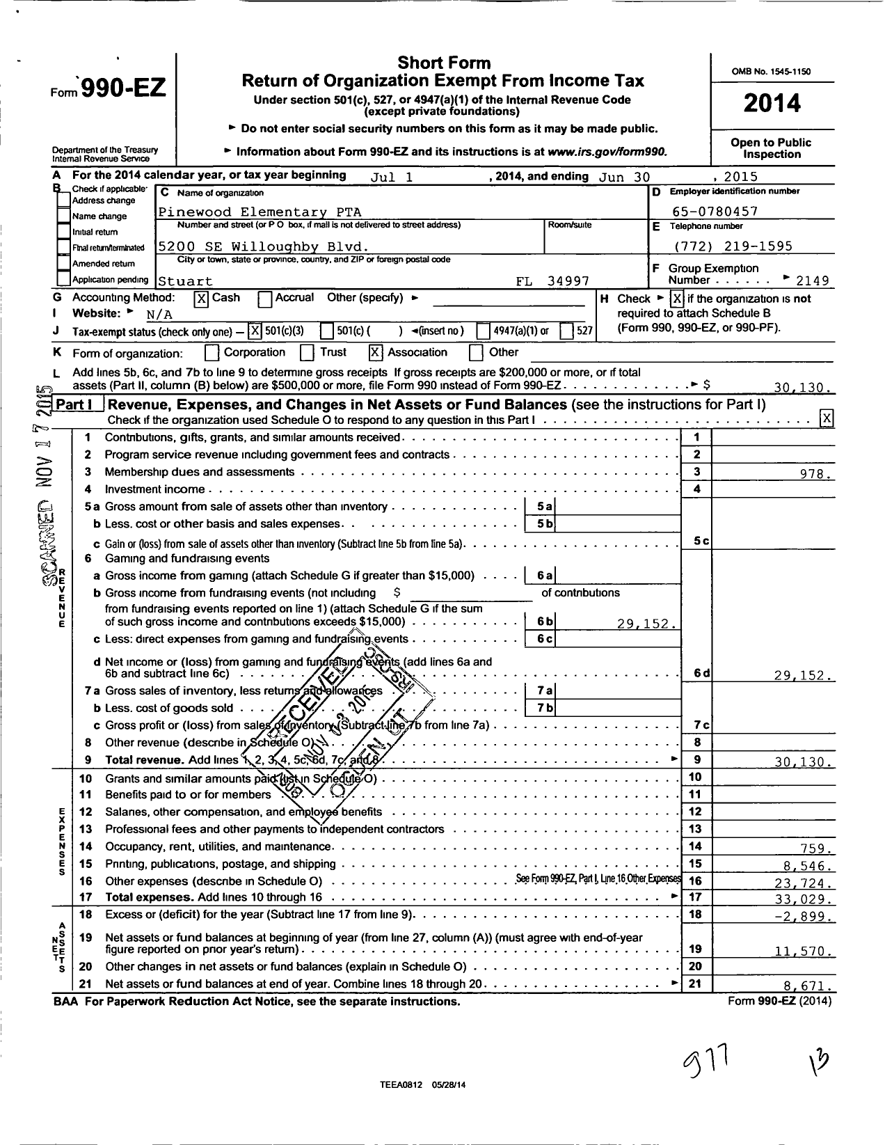 Image of first page of 2014 Form 990EZ for PTA Florida Congress - Pinewood Elementary PTA