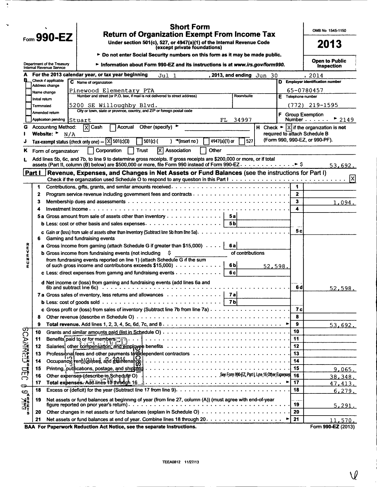 Image of first page of 2013 Form 990EZ for PTA Florida Congress - Pinewood Elementary PTA