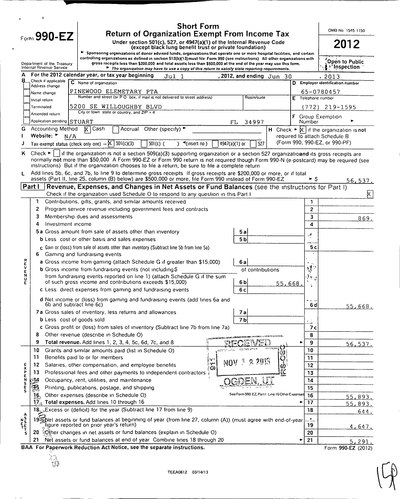 Image of first page of 2012 Form 990EZ for PTA Florida Congress - Pinewood Elementary PTA