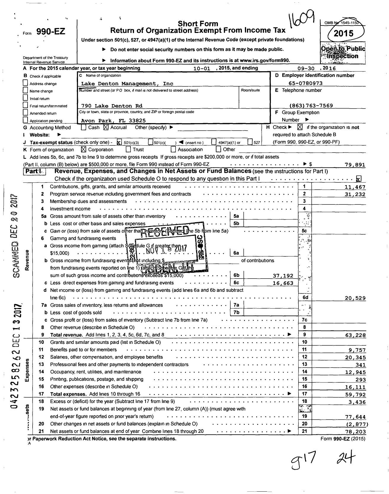 Image of first page of 2015 Form 990EZ for Lake Denton Management