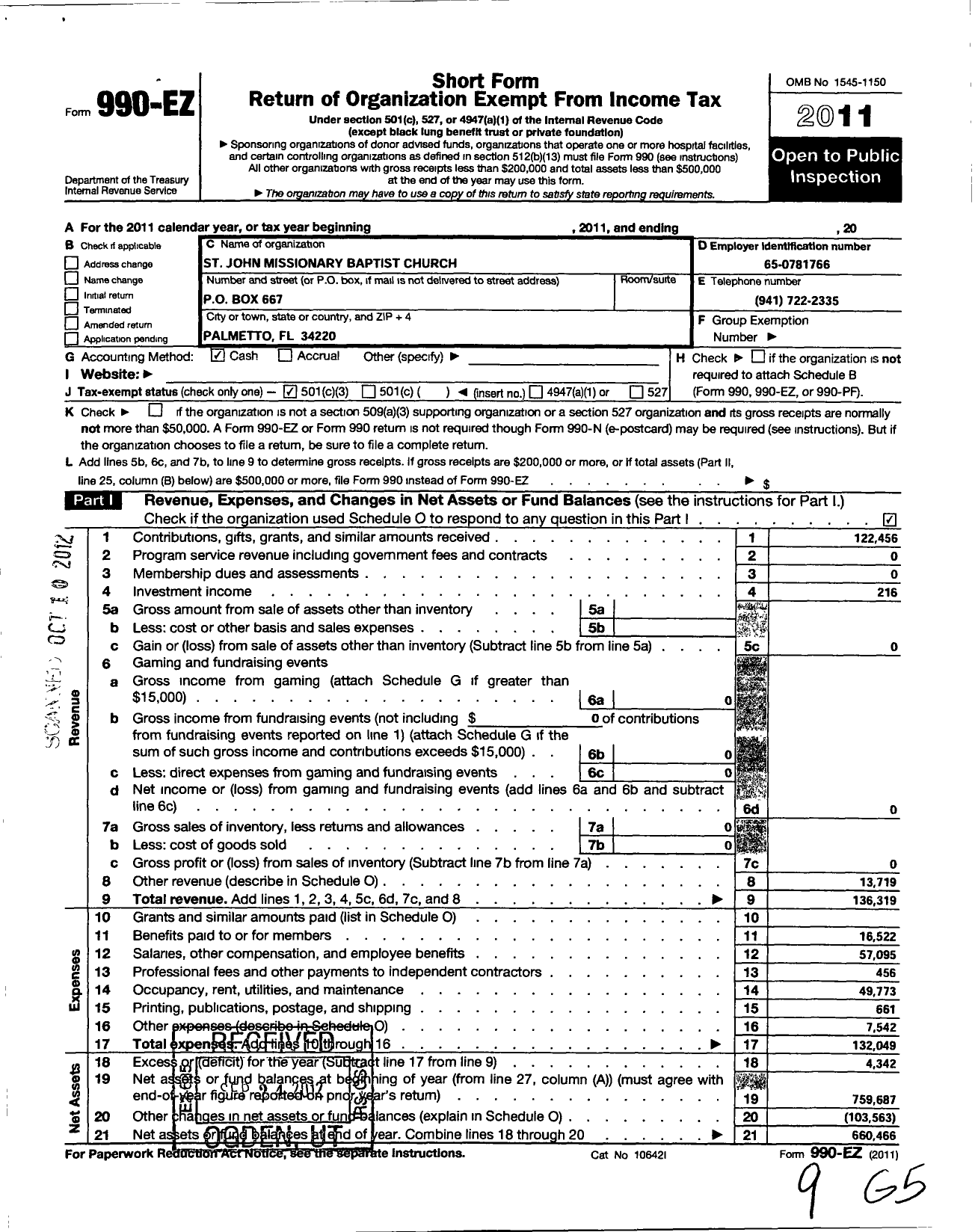 Image of first page of 2011 Form 990EZ for St John Missionary Baptist Church