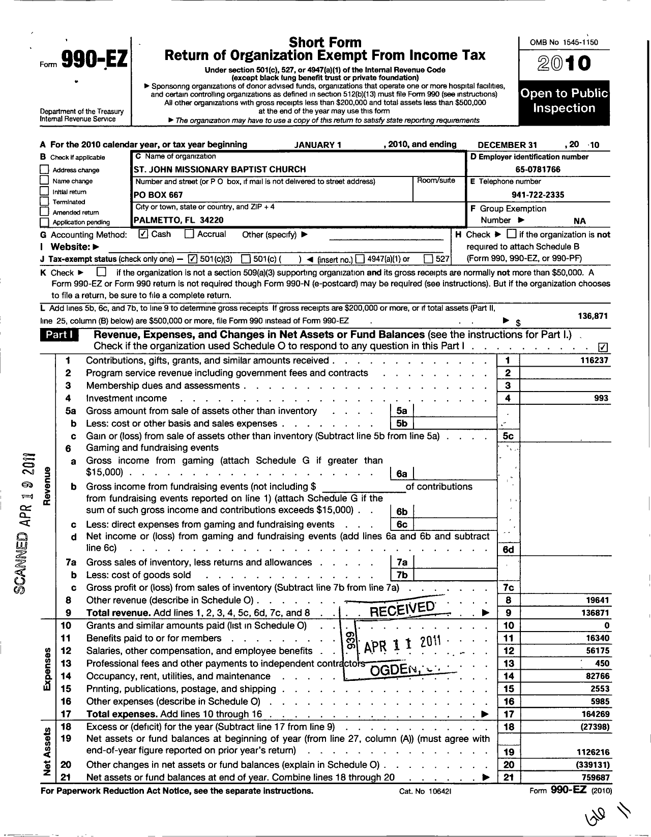 Image of first page of 2010 Form 990EZ for St John Missionary Baptist Church