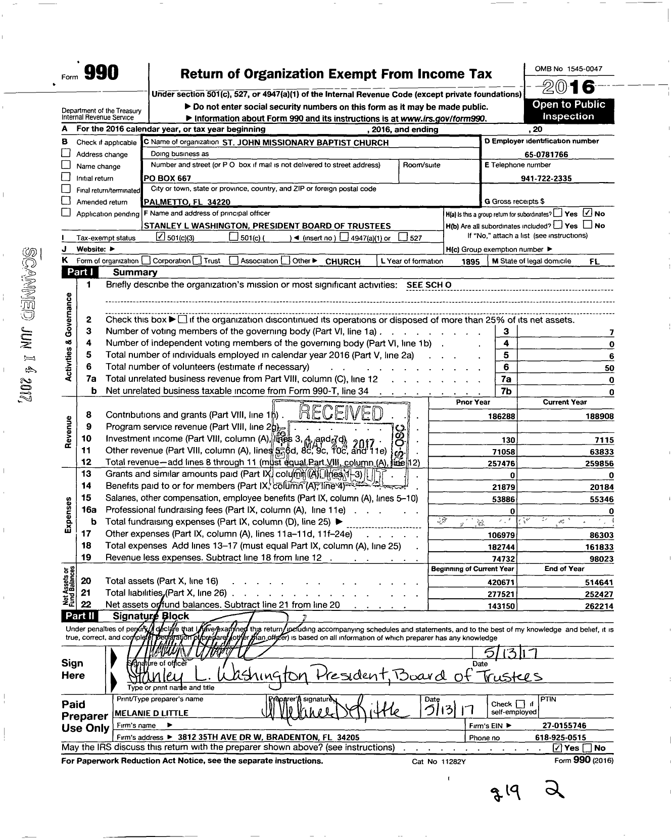 Image of first page of 2016 Form 990 for St John Missionary Baptist Church